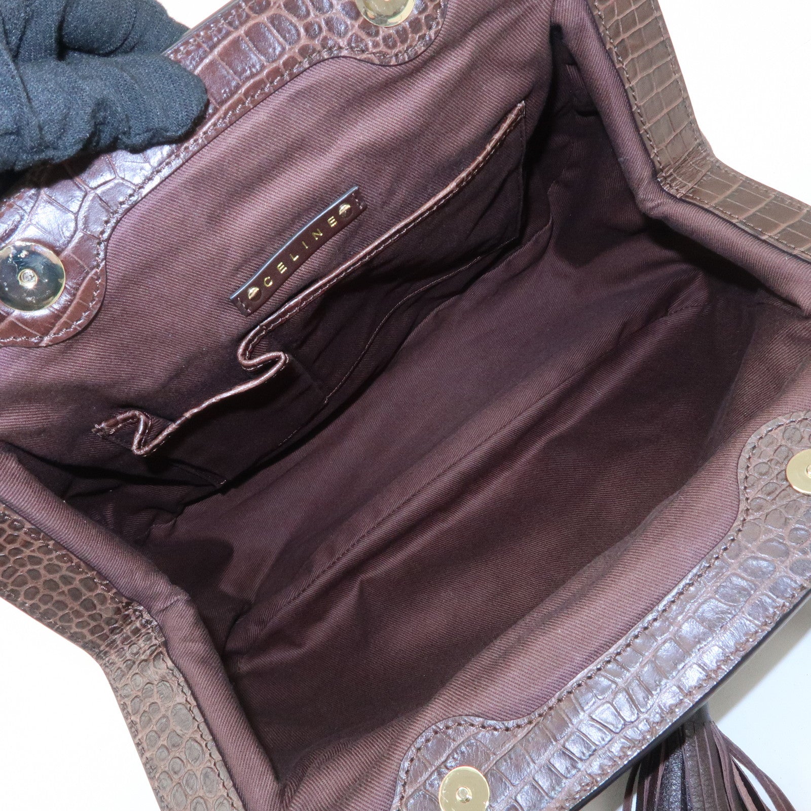 CELINE Macadam Canvas Leather Shoulder Bag Fringe Brown Used