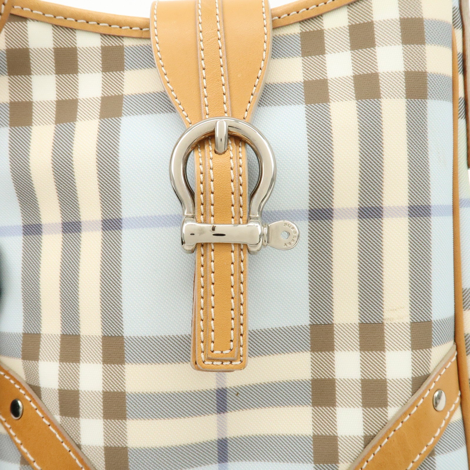 BURBERRY PVC Leather Nova Plaid Shoulder Bag Hand Bag Beige Blue Used
