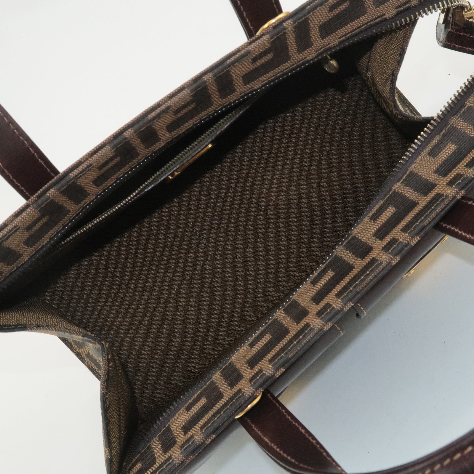 FENDI Zucca Canvas Leather Boston Bag Hand Bag Brown Black Used