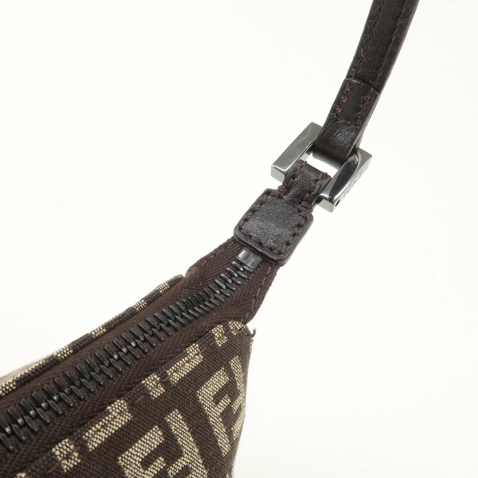 FENDI Zucchino Canvas Leather Shoulder Bag Dark Brown 8BR249 Used