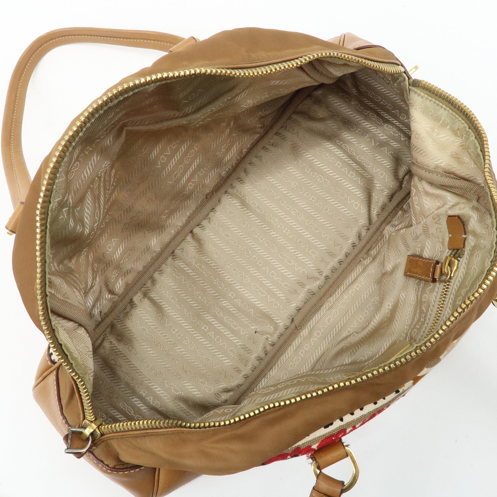 PRADA Logo Canvas Leather Nylon Shoulder Bag Boston Bag Brown Used