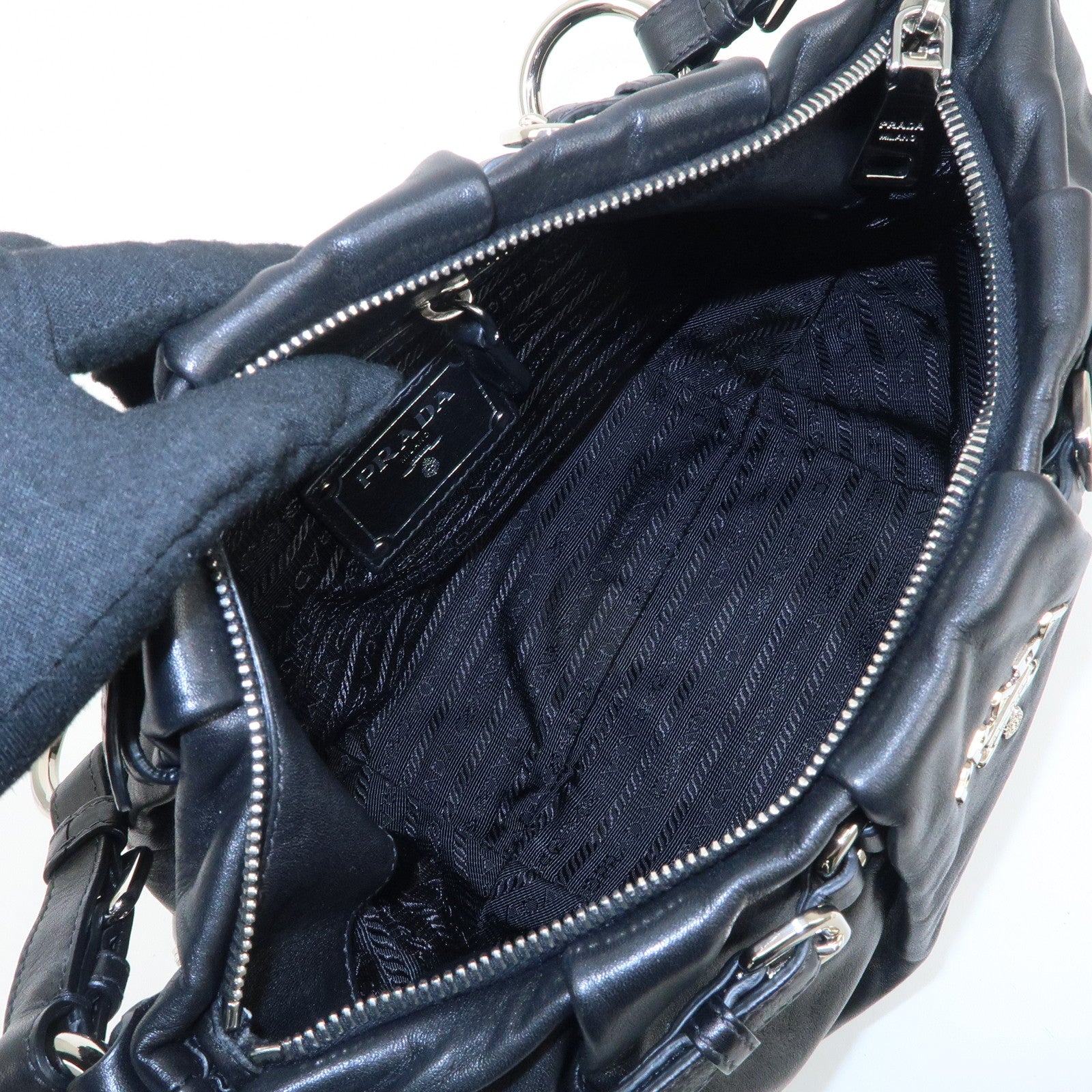 PRADA Soft Calf Leather Shoulder Bag Black BR3795 Used