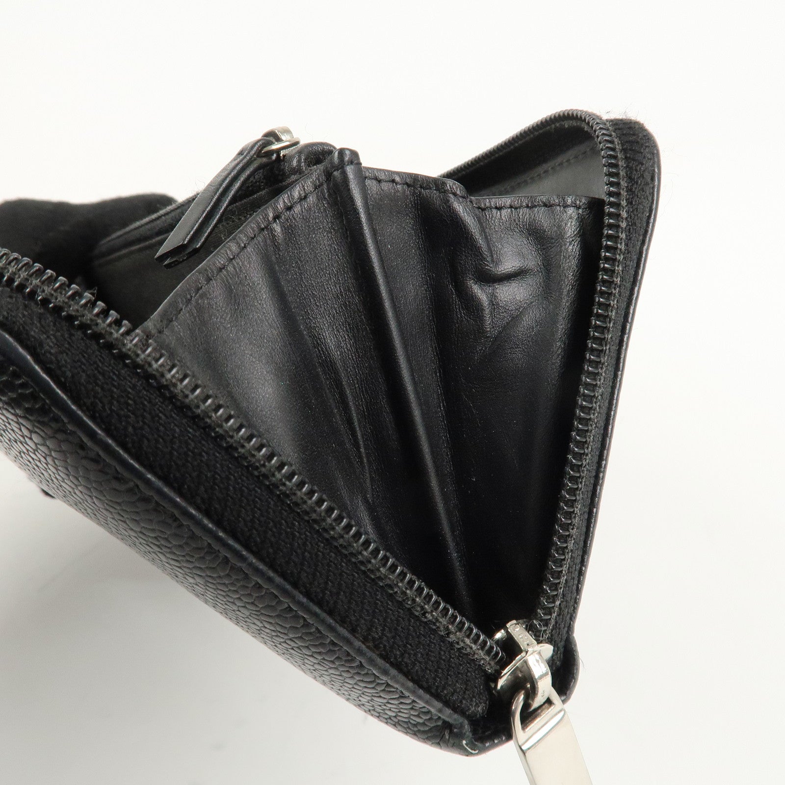 CHANEL Caviar Skin Zip Around Long Wallet Black A50071 Used