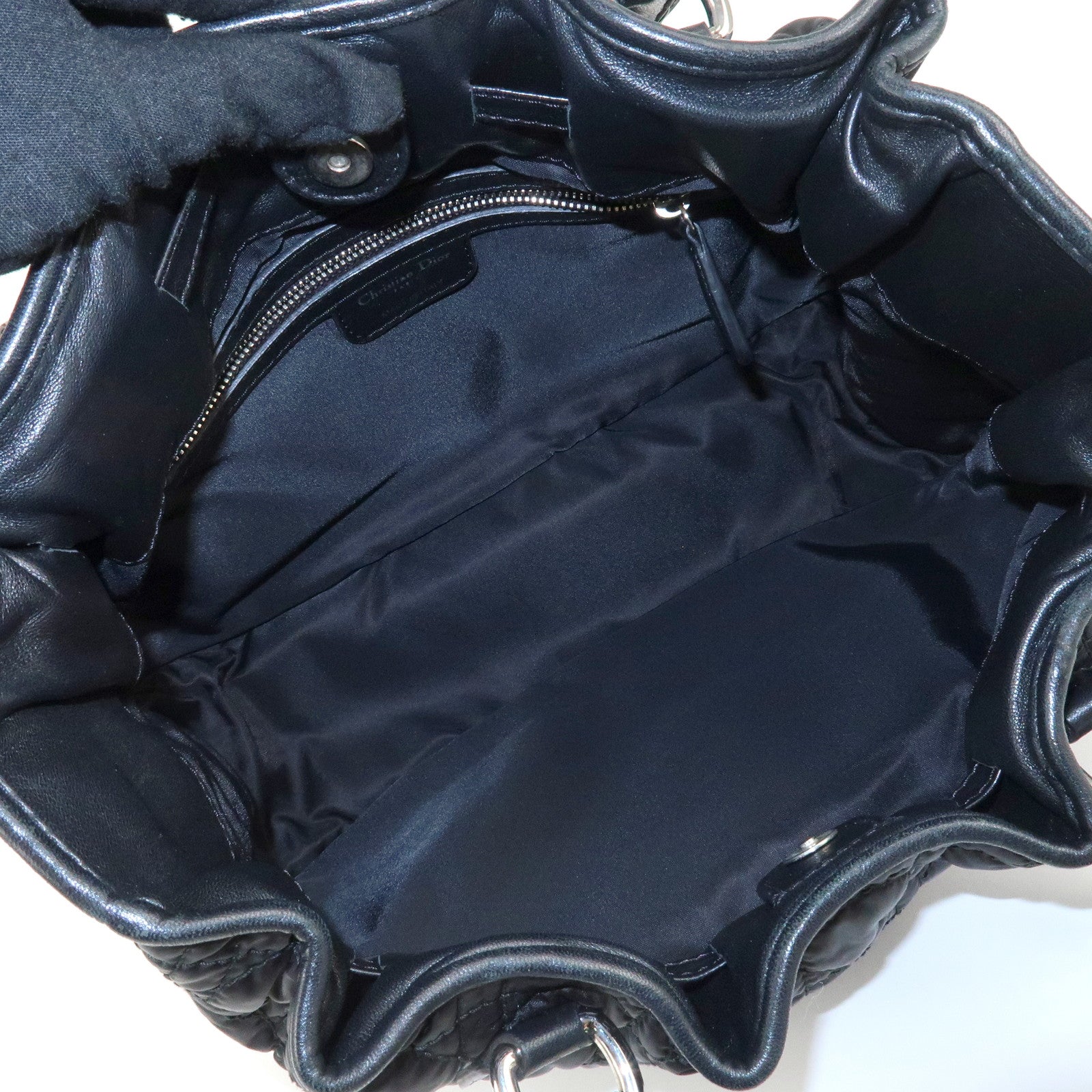 Christian Dior Cannage Nylon Leather Tote Bag Hand Bag Black Used