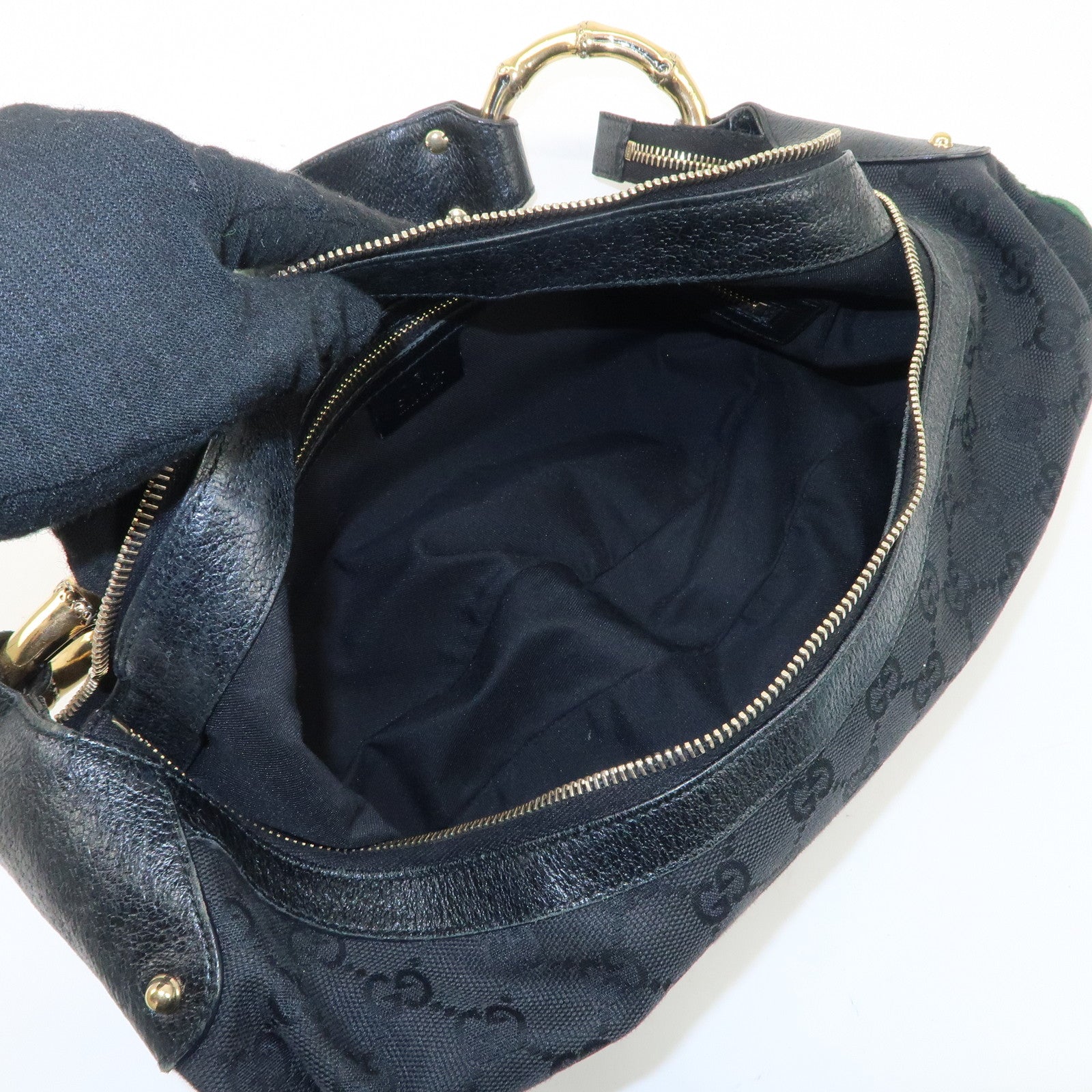 GUCCI Bamboo Sherry GG Canvas Leather Shoulder Bag Black 131036 Used