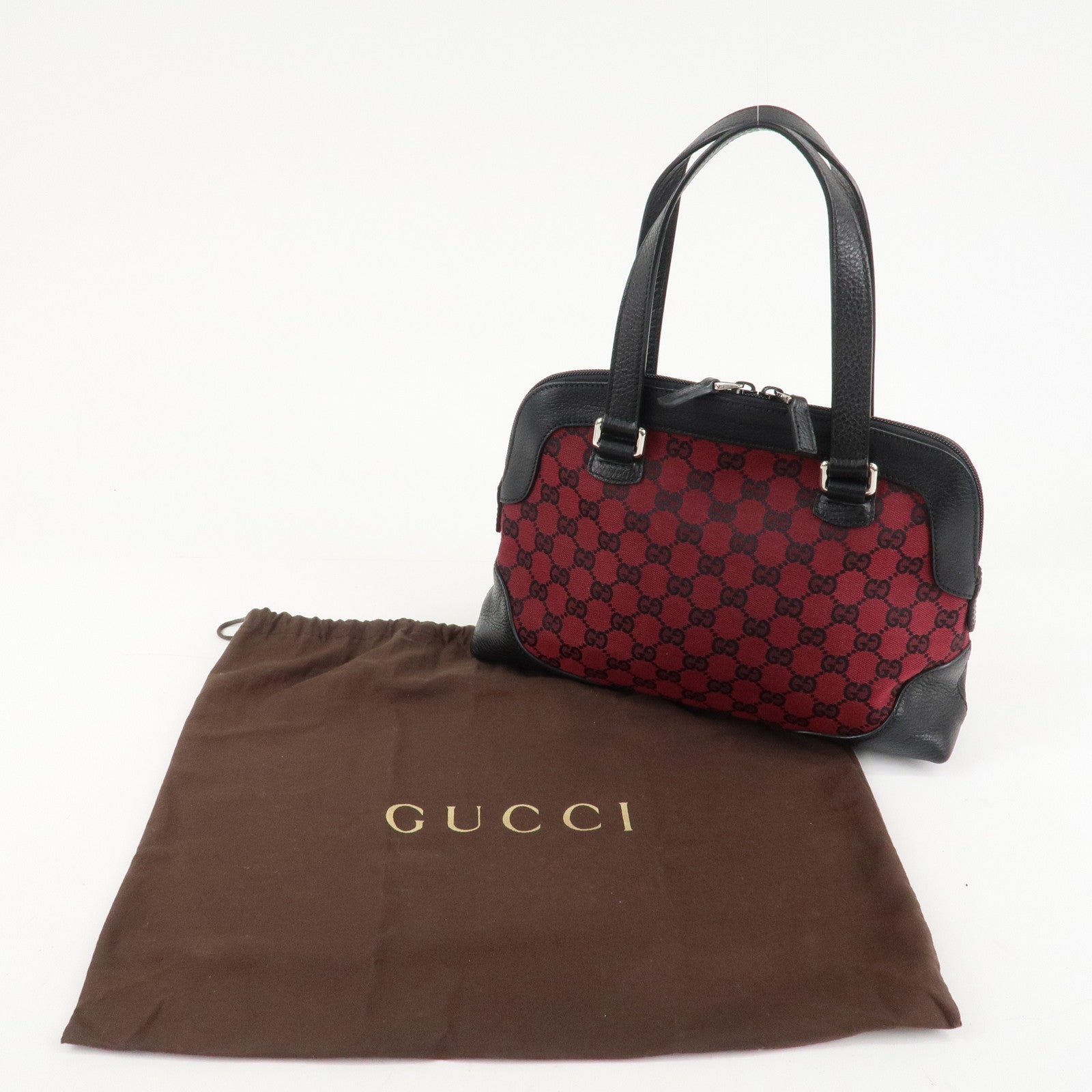 GUCCI GG Canvas Leather Tote Bag Hand Bag Black Red 272378 Used