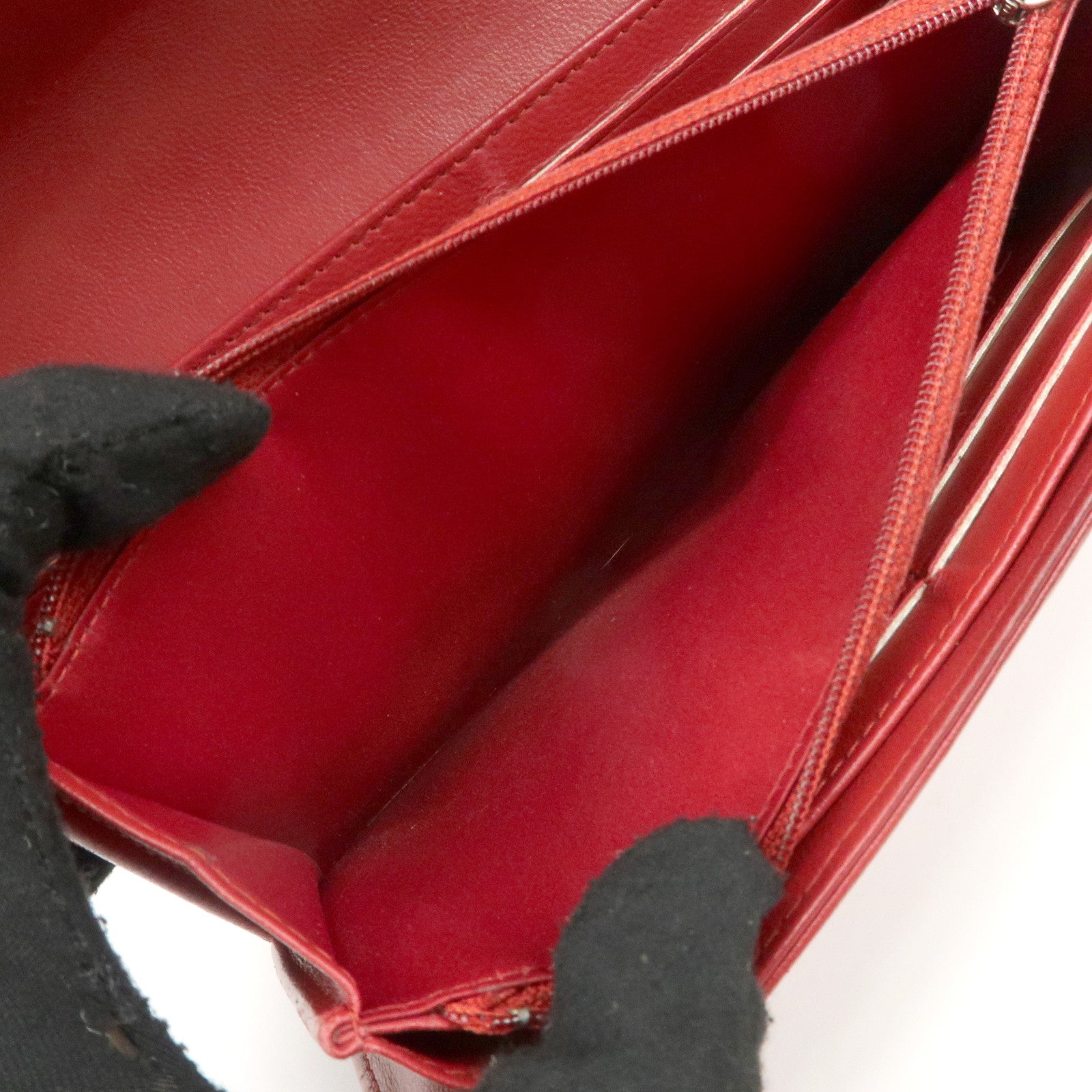 CHANEL Camelia Lamb Skin Bi-fold Long Wallet Red Used