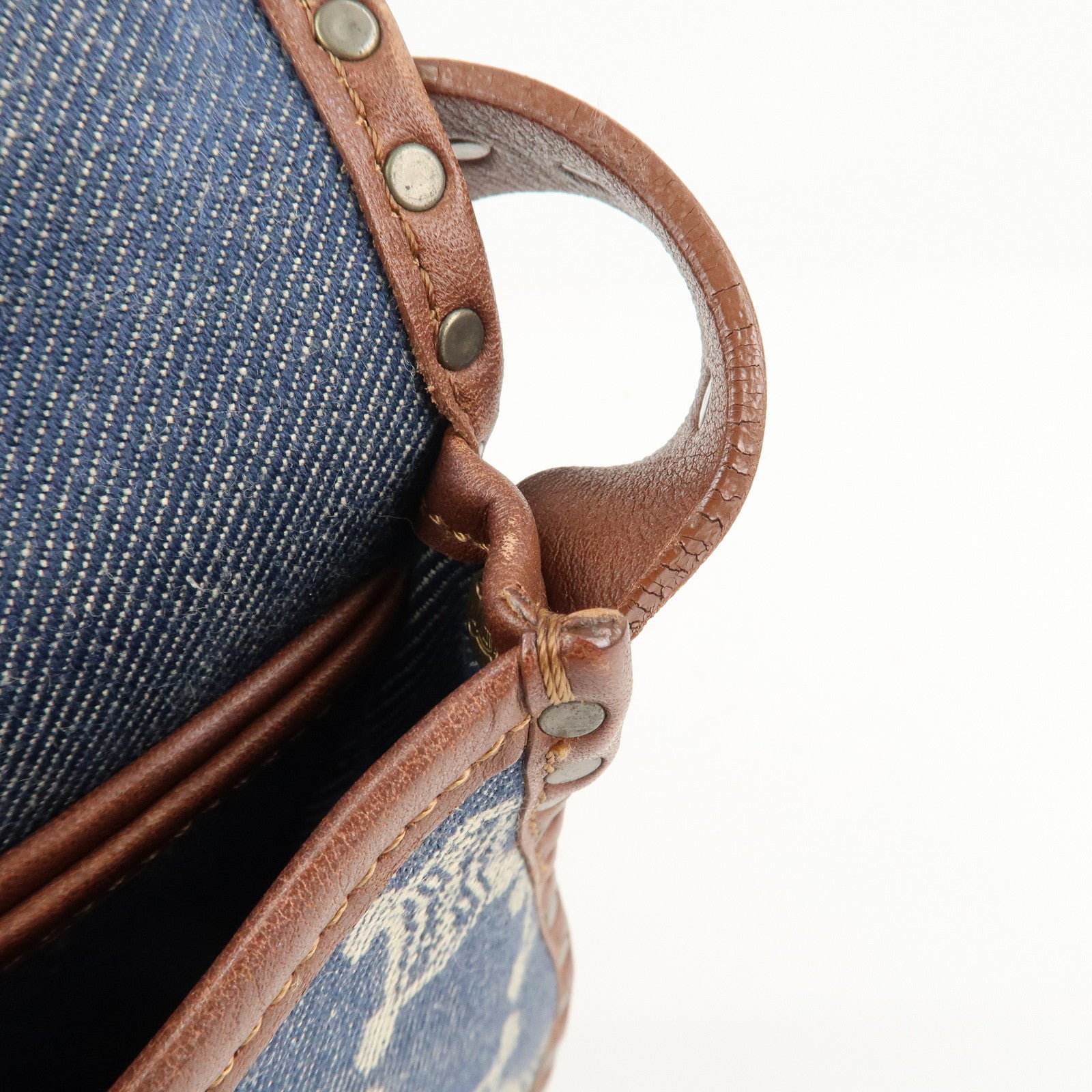 CELINE Macadam Denim Leather Shoulder Bag Blue Brown Used
