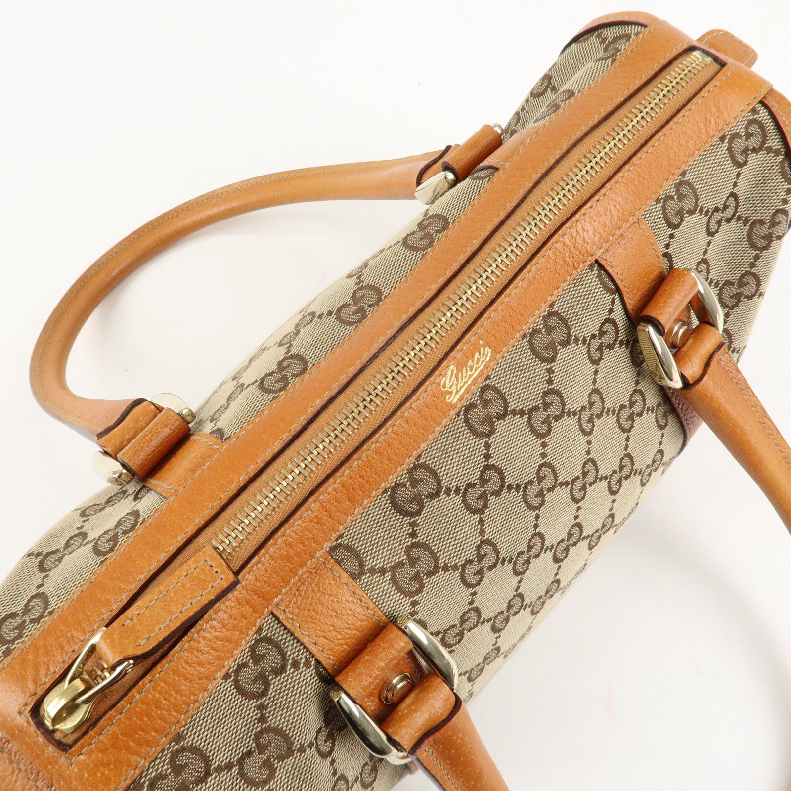 GUCCI Abbey GG Canvas Leather Mini Boston Bag Beige Orange 130942 Used