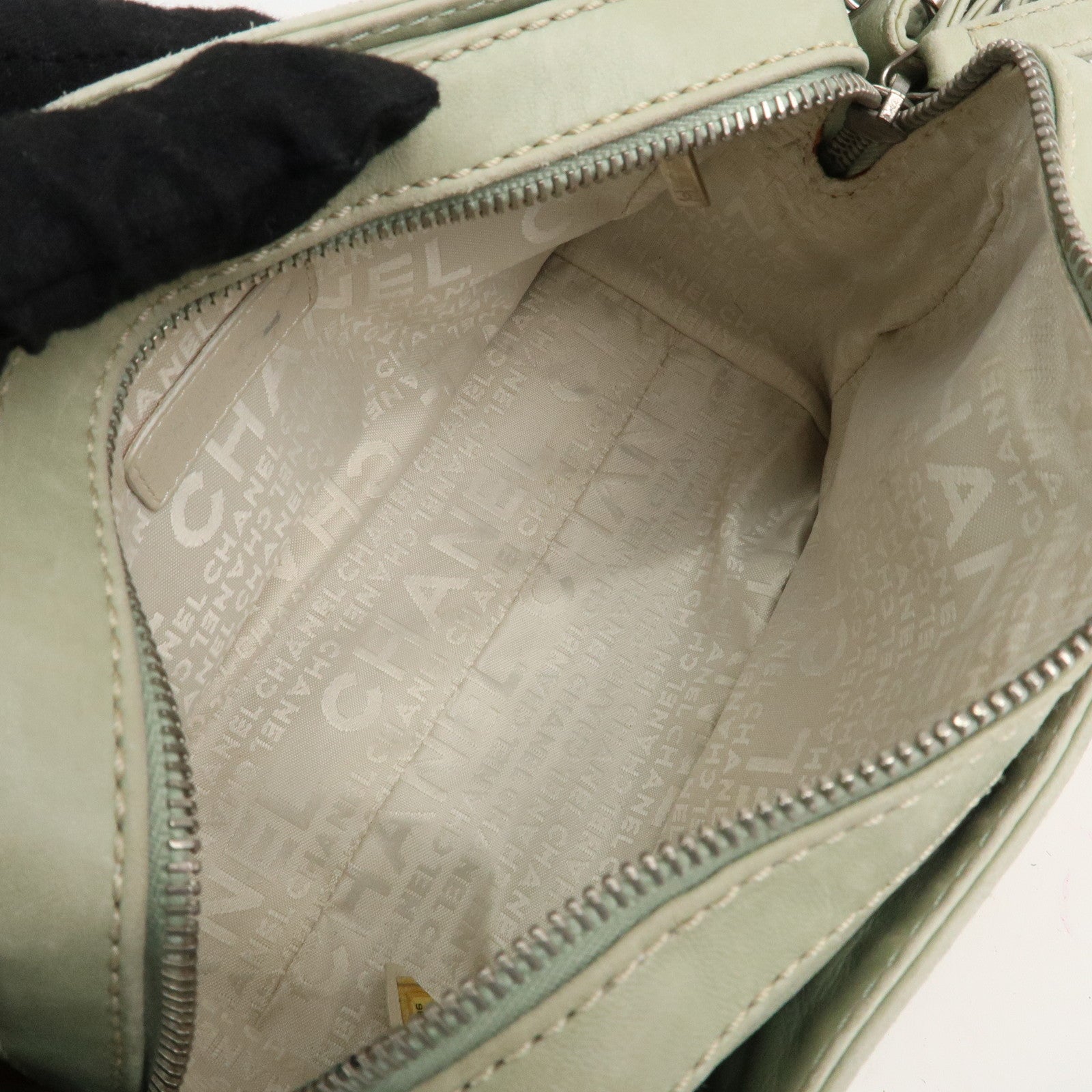 CHANEL Cotton Leather Chain Shoulder Bag Ivory Light Green Used