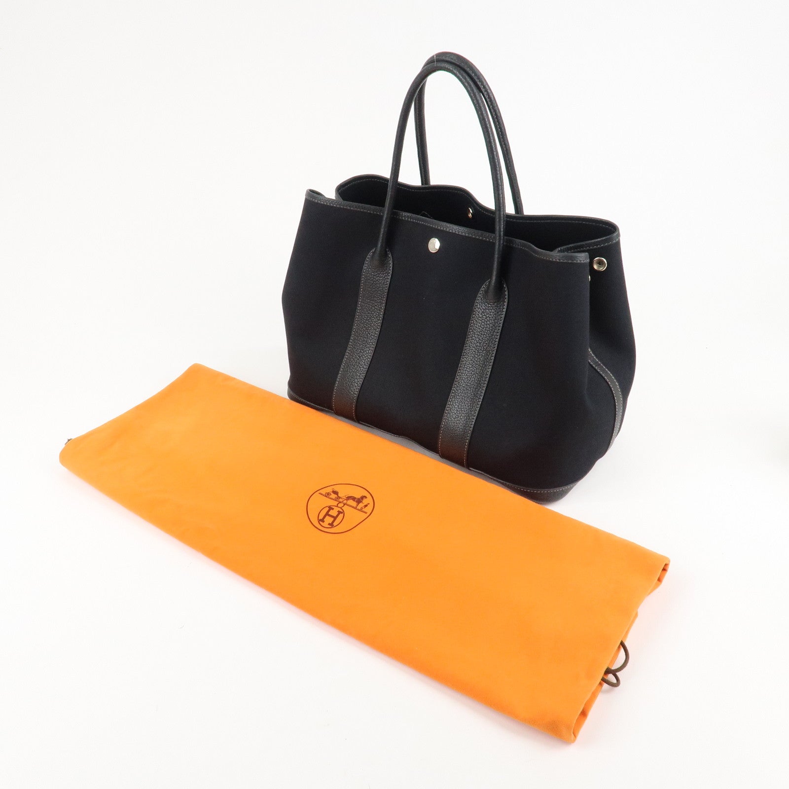 HERMES Garden Party PM G Stamped Canvas Leather Tote Bag Black Used