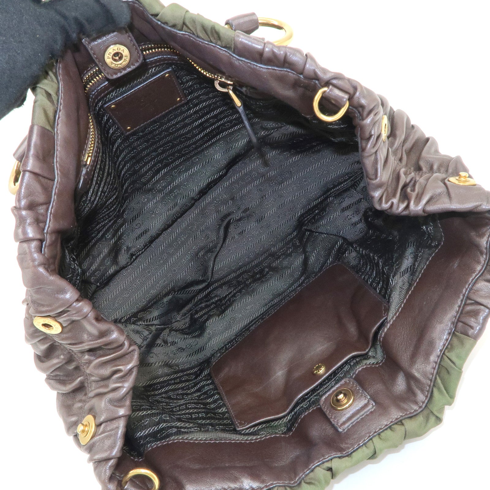 PRADA Nylon Leather Gathered Hand Bag Green Brown BN1793 Used