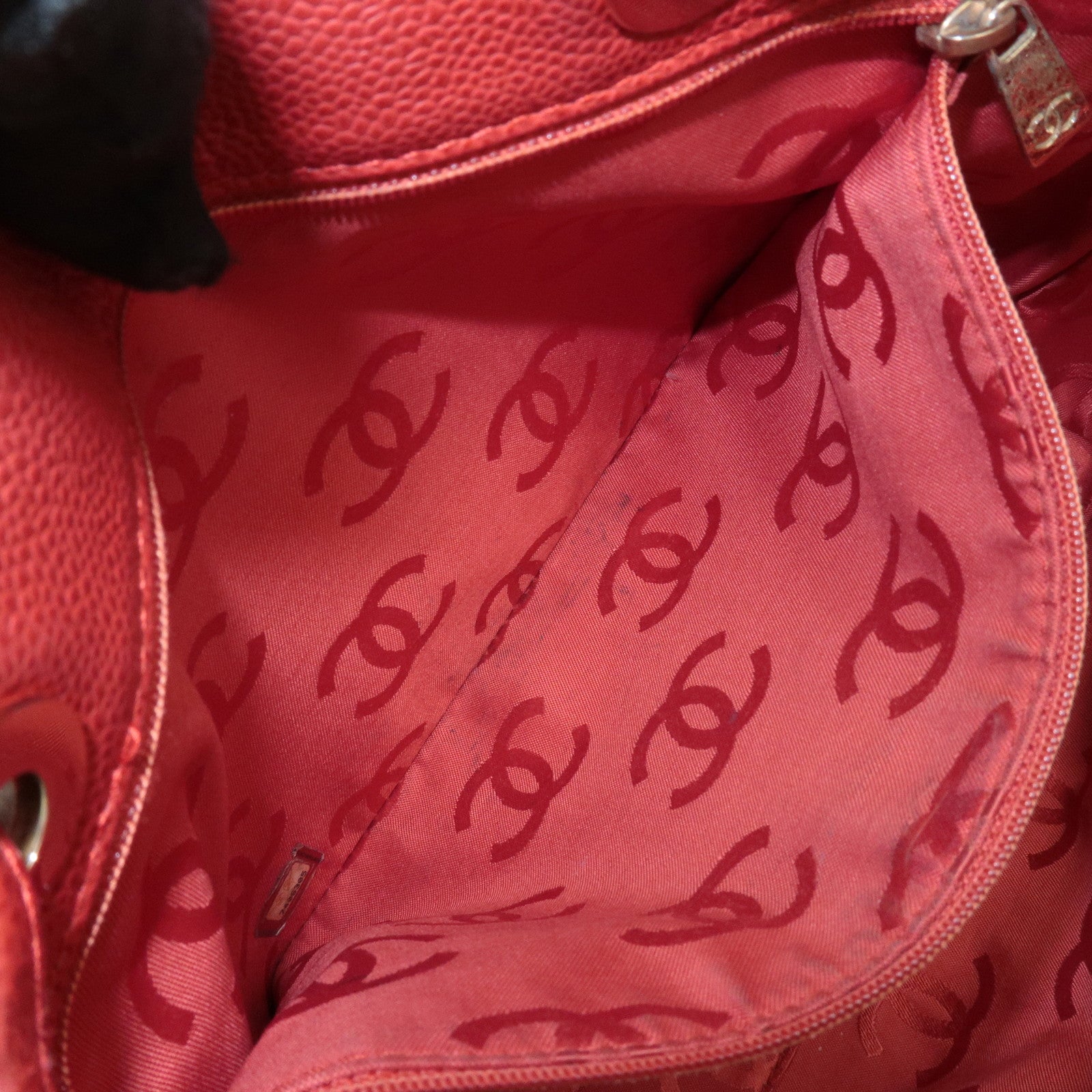 CHANEL Caviar Skin COCO Mark Tote Bag Hand Bag Red Used
