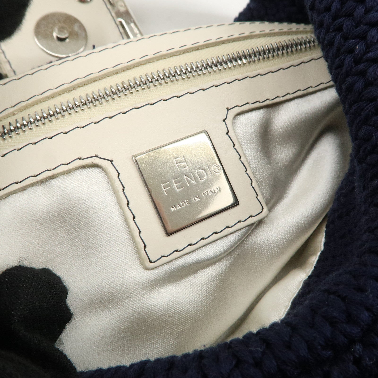 FENDI Wool Leather Shoulder Bag Navy White 26569 Used