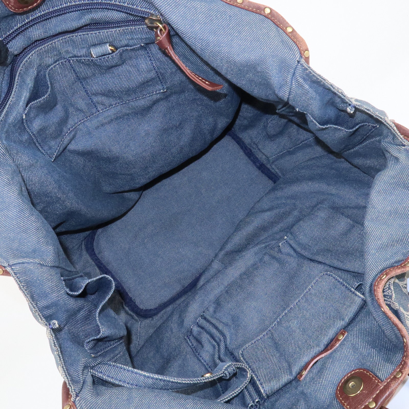 CELINE Macadam Denim Leather Bittersweet Shoudler Bag Navy Brown Used