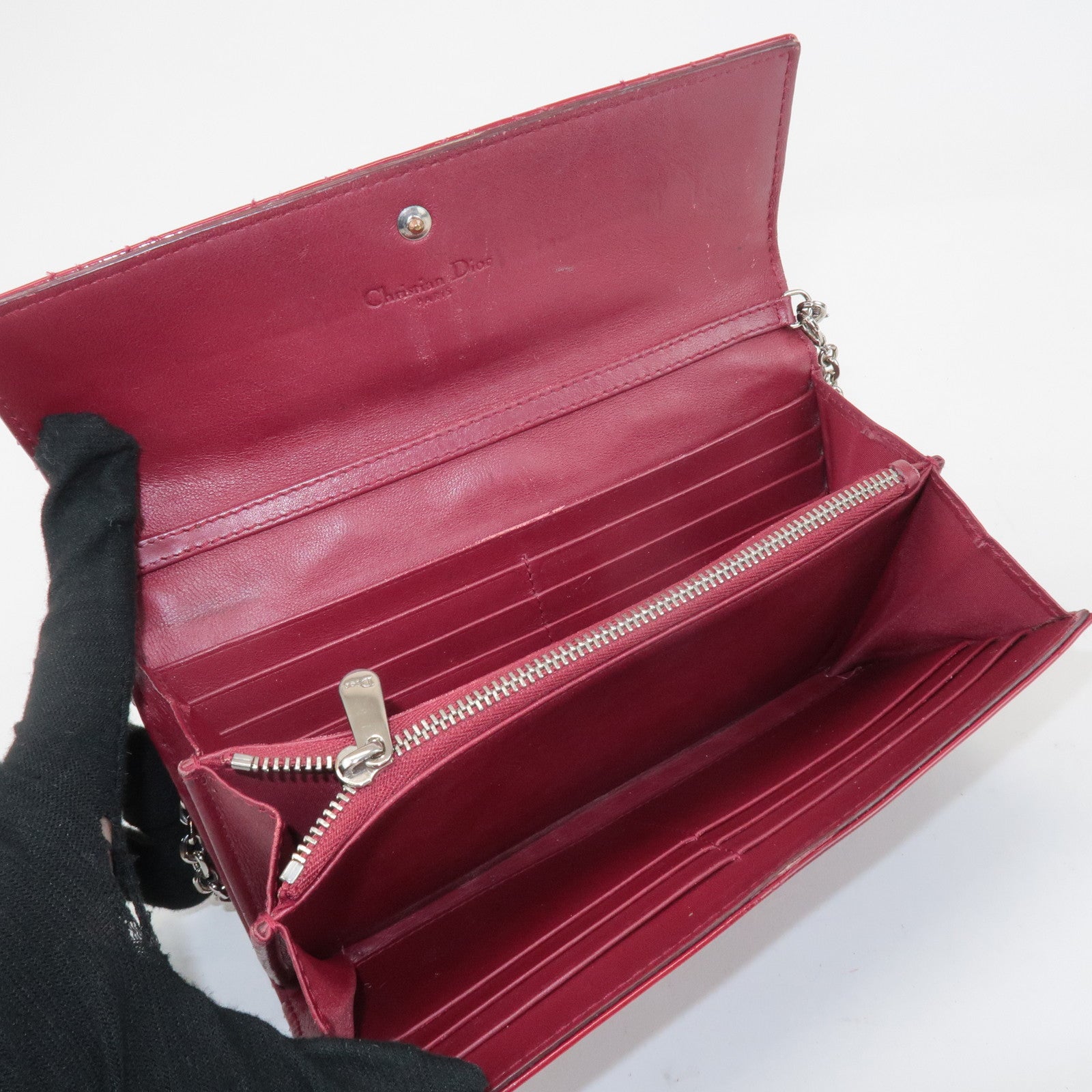 Christian Dior Lady Dior Cannage Patent Leather Chain Wallet Used