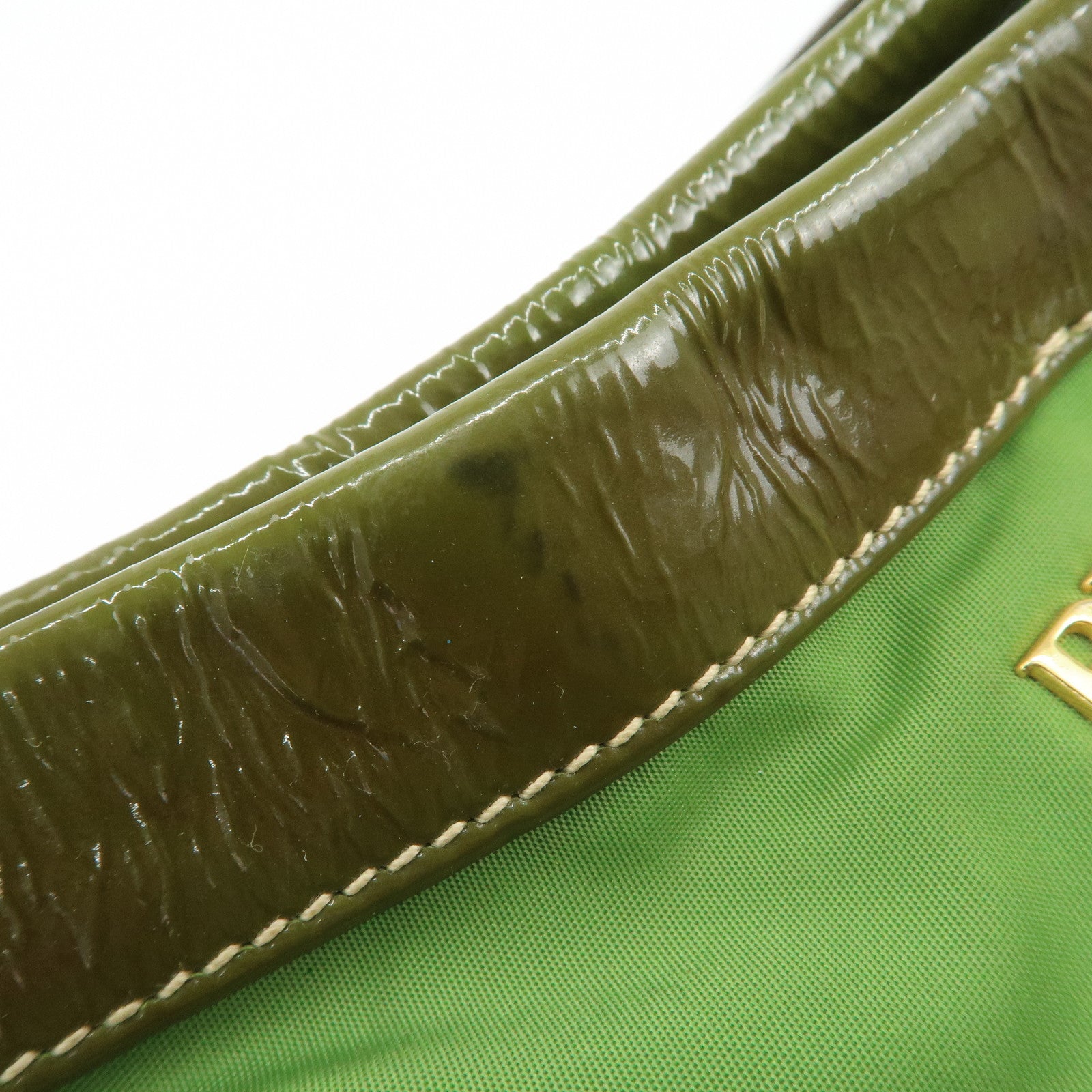 PRADA Nylon Patent Leather Tote Bag Shoulder Bag Green Khaki Used
