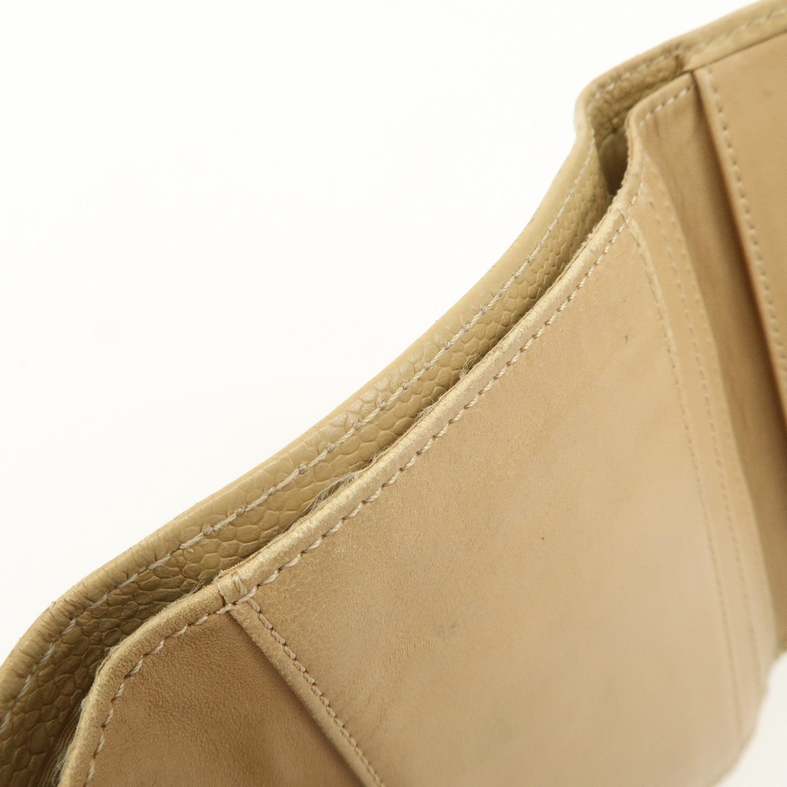 CHANEL Caviar Skin COCO Mark Tri-Fold Wallet Beige Gold Used