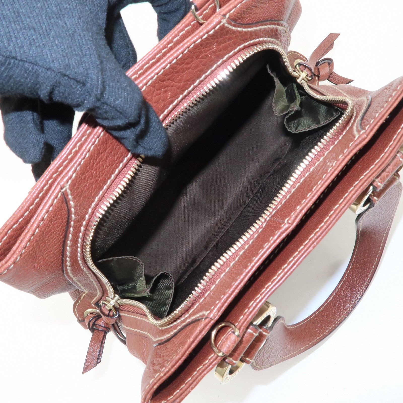 BVLGARI Leather Front Pocket Hand Bag Tote Bag Brown Used