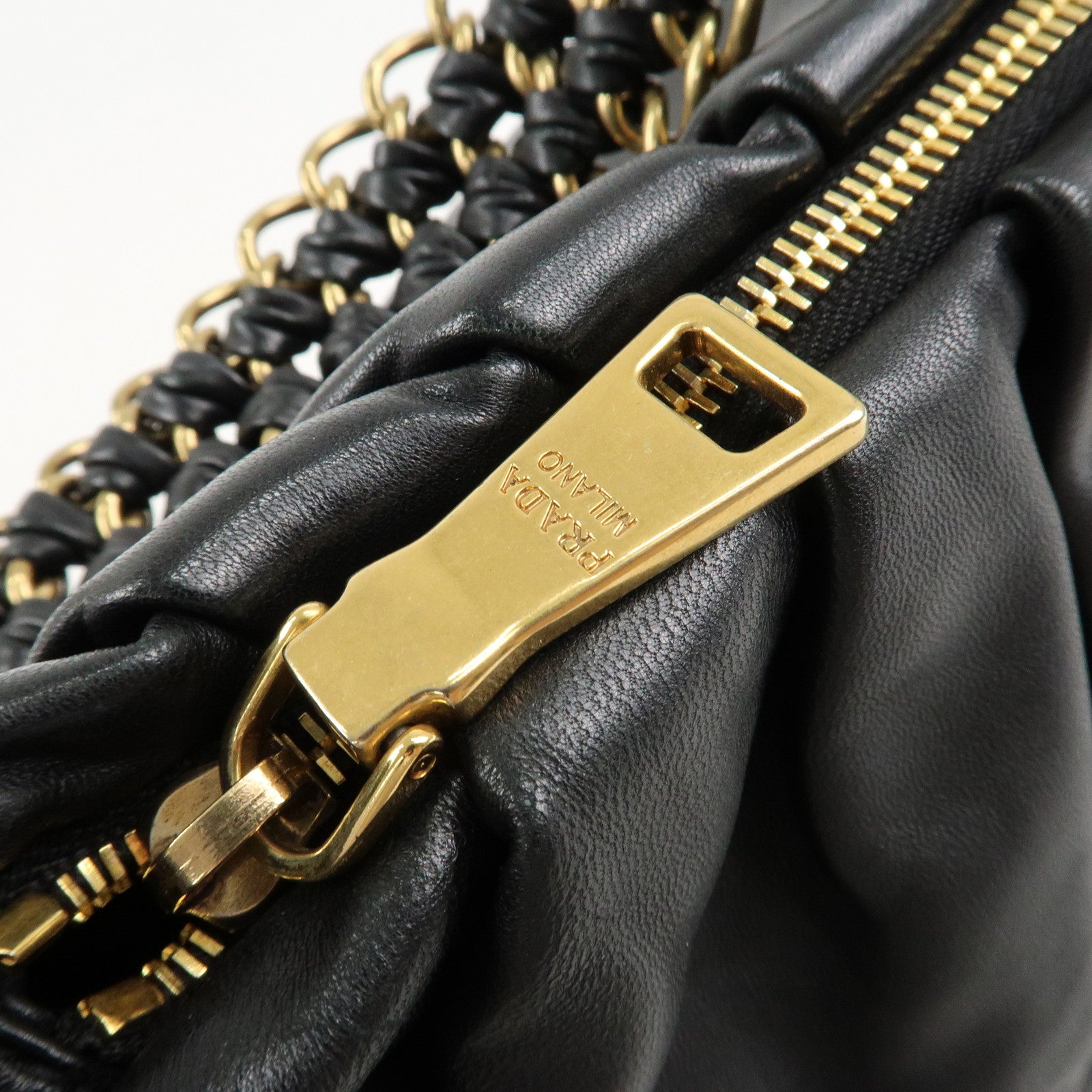 PRADA Leather Chain One-Shoulder Bag Black Gold Hardware Used