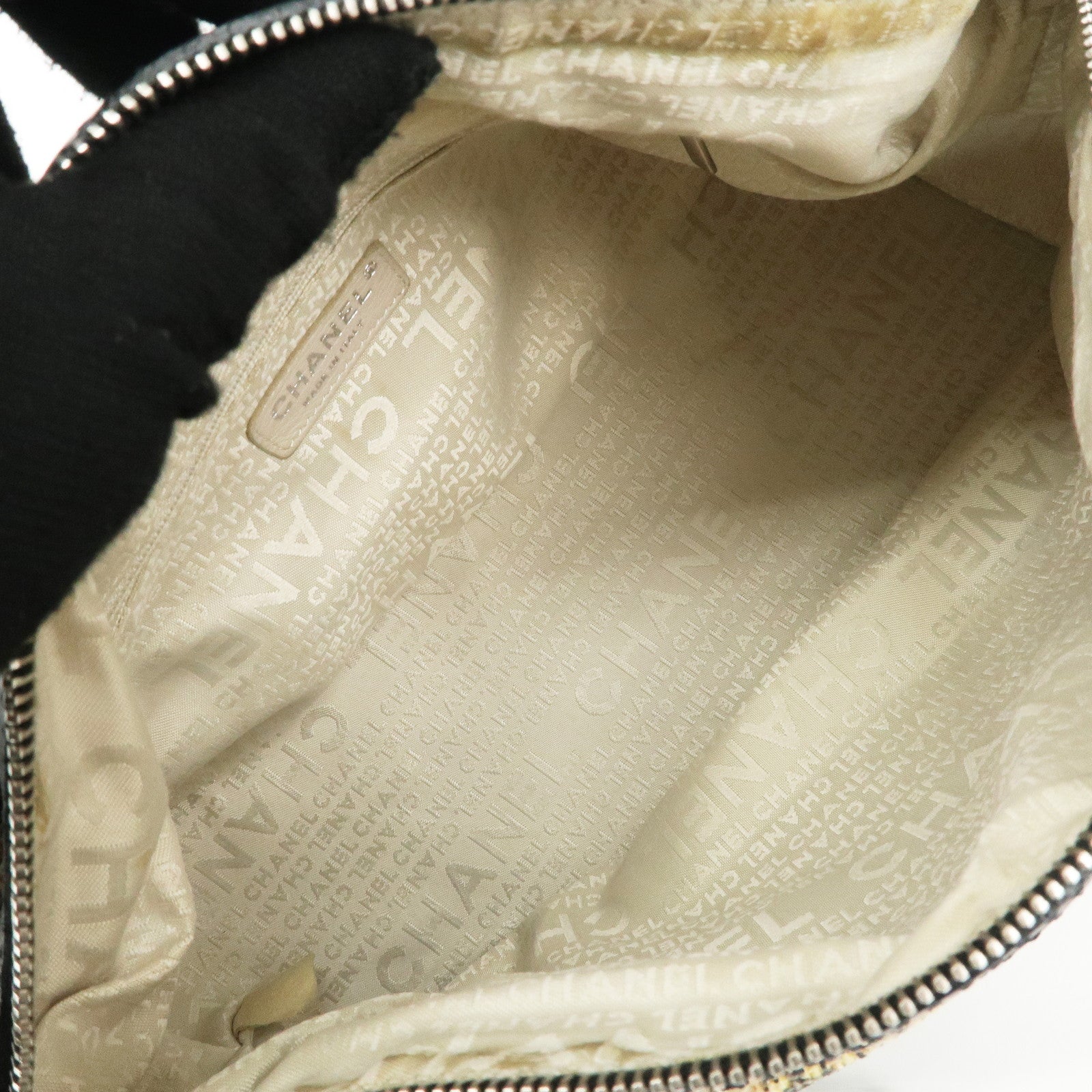 CHANEL Tweed Leather Shoulder Bag Hand Bag Black Beige Used