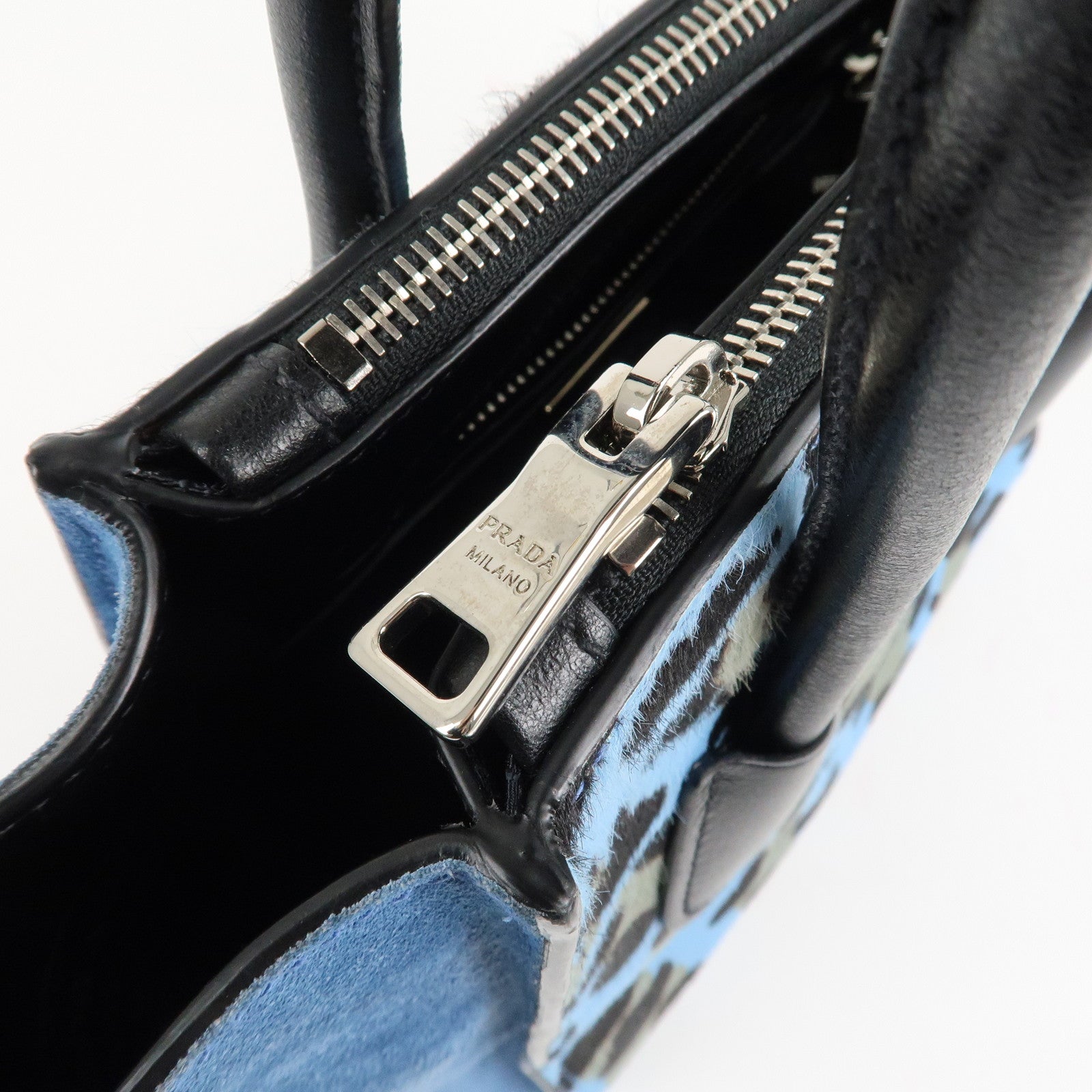 PRADA Unborn Calf Suede Leather 2Way Hand Bag Blue Black 1BA025 Used