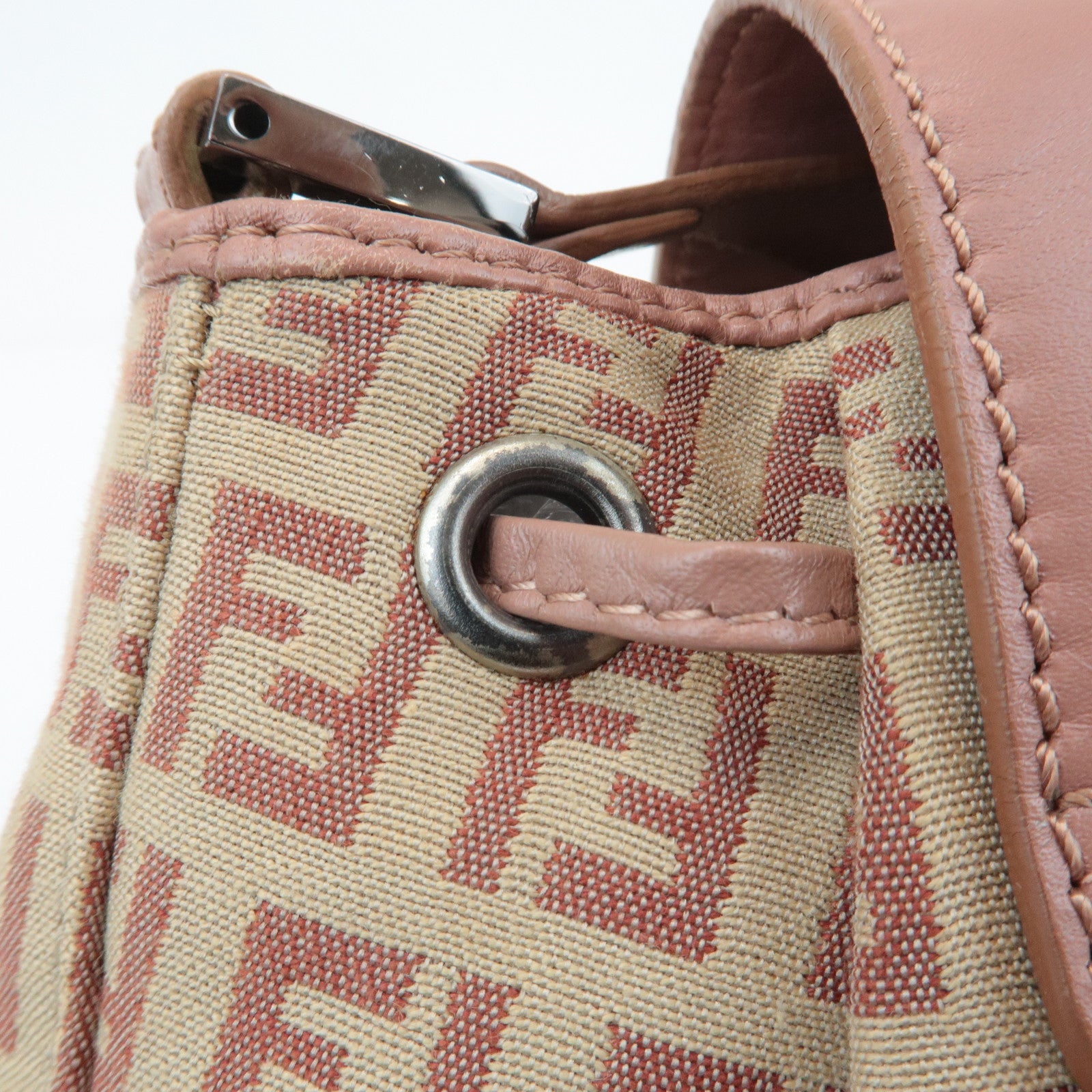 FENDI Zucchino Canvas Leather Shoulder Bag Beige Pink 8BR282 Used