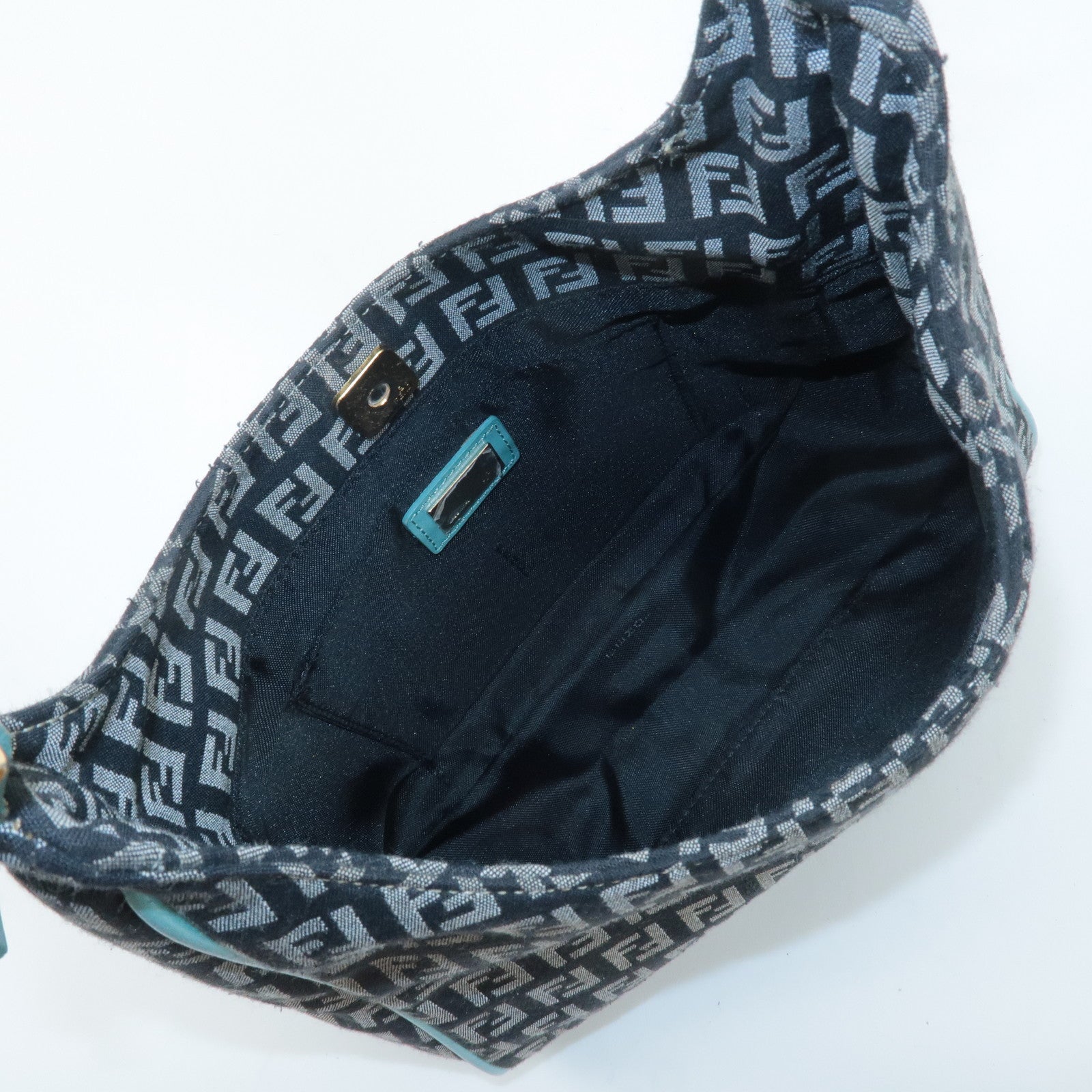 FENDI Zucchino Canvas Leather Shoulder Bag Black White Blue 8BR158 Used