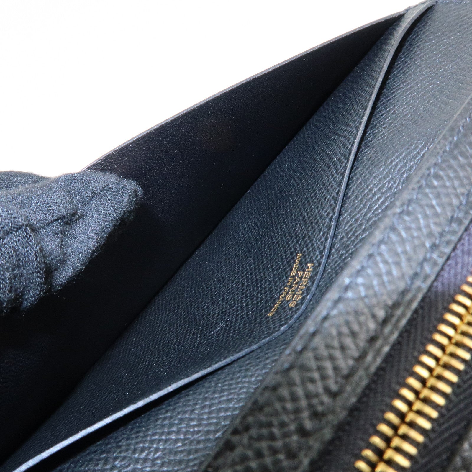 HERMES Leather Bearn Long Wallet M Stamped (around 2009) Black Used