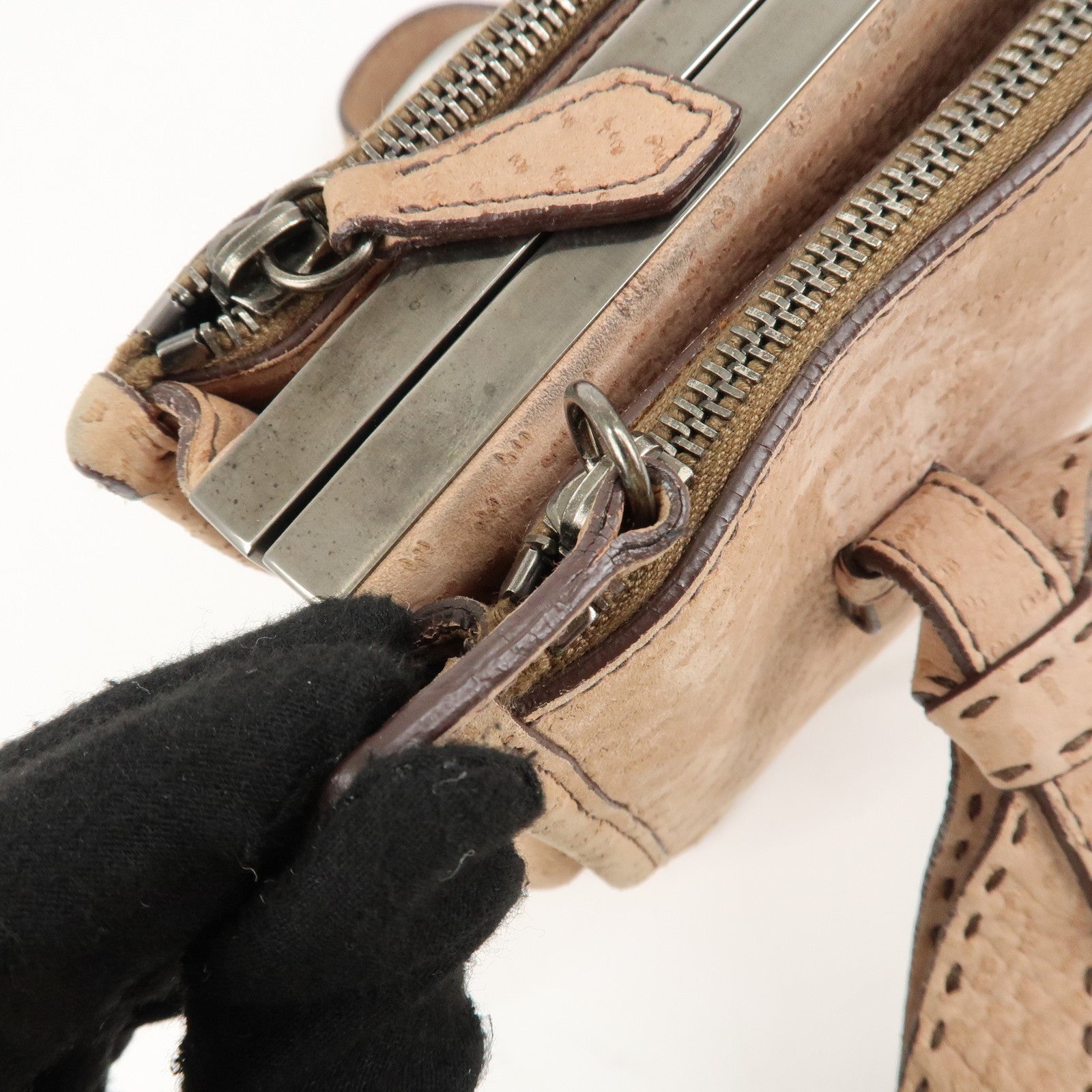 PRADA Logo Suede Clasp Tote Bag Hand Bag Beige BR1935 F/S Used