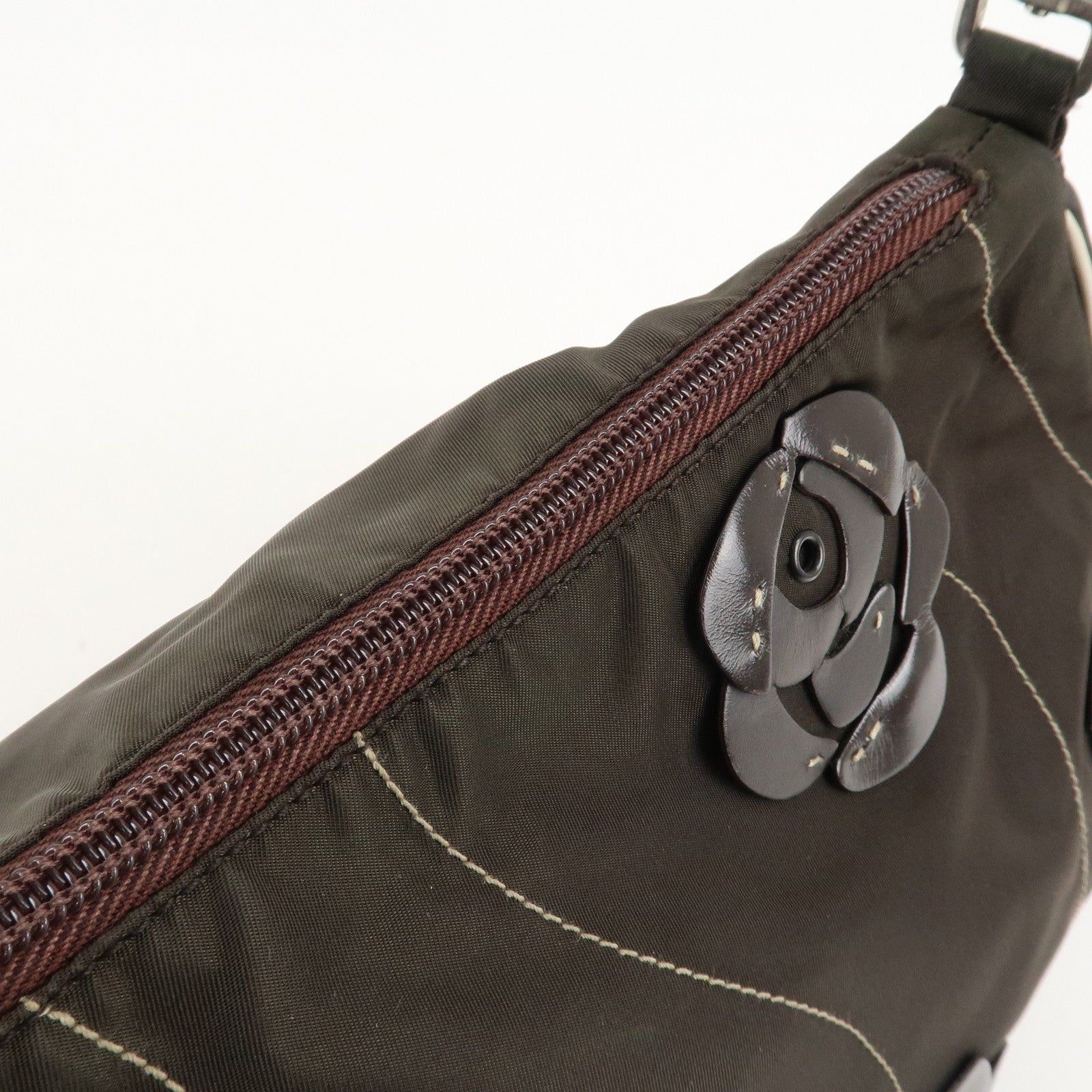 PRADA Nylon Leather Shoulder Bag Flower Motif Green Brown Used