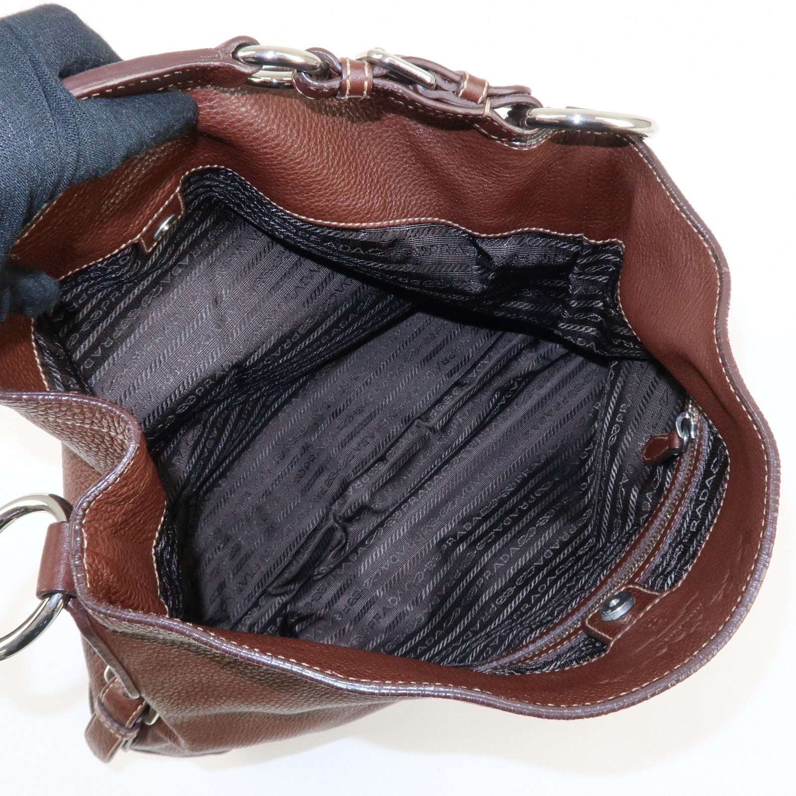 PRADA Leather Shoulder Bag Brown BR3408 Used