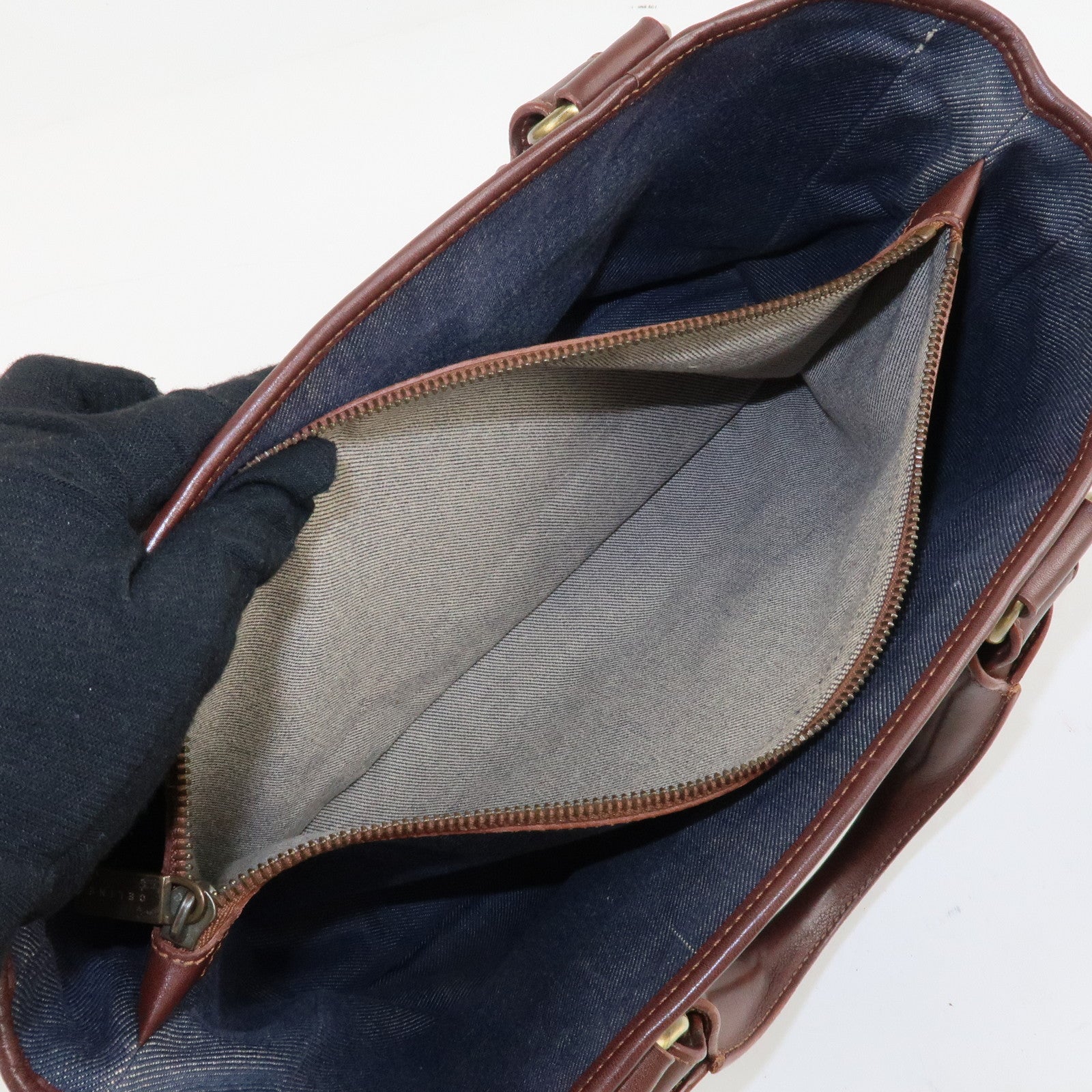 CELINE Macadam Denim Leather Boogie Bag Tote Bag Blue Brown Used