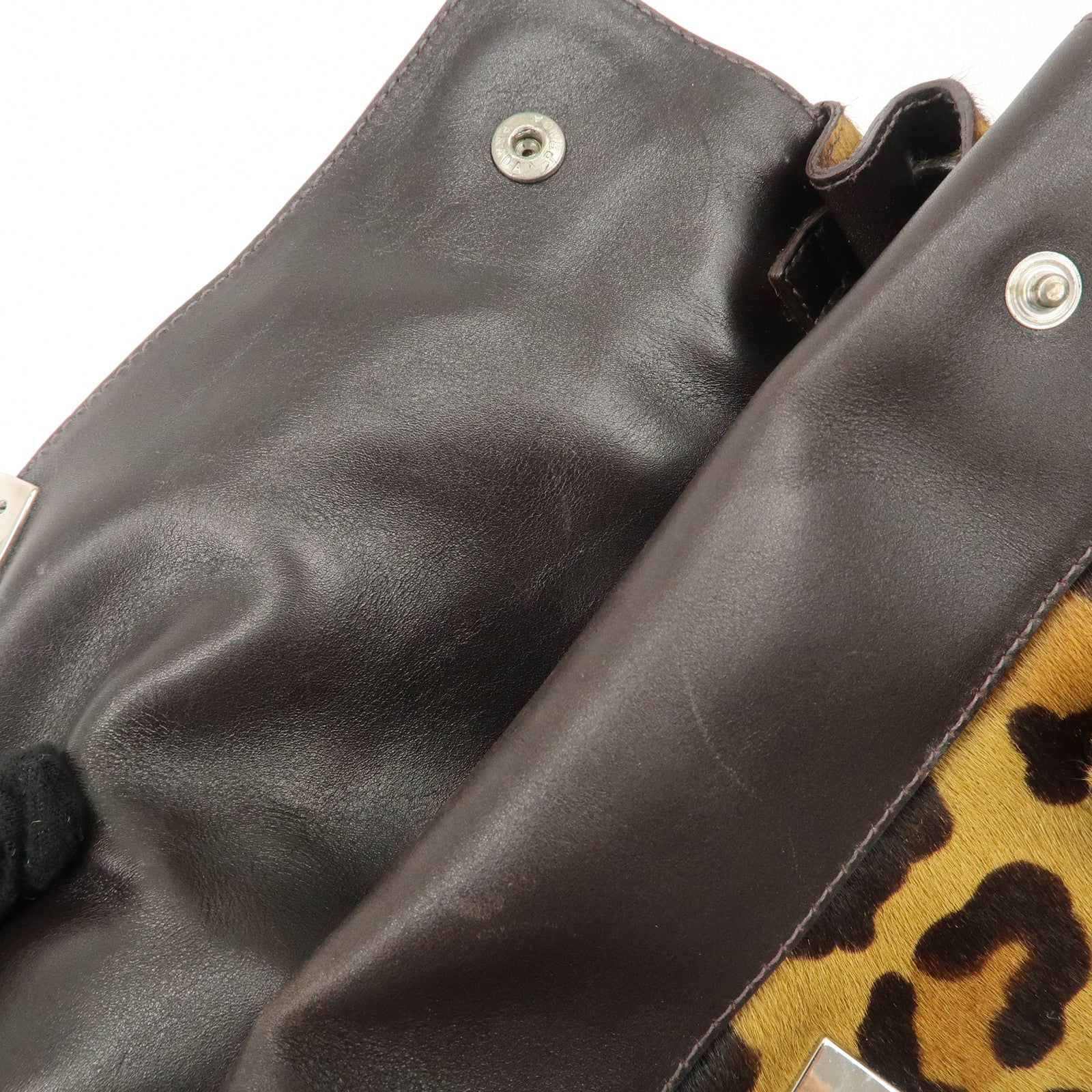 PRADA Logo Unborn Calf Leopard Shoulder Bag Hand Bag Brown Used