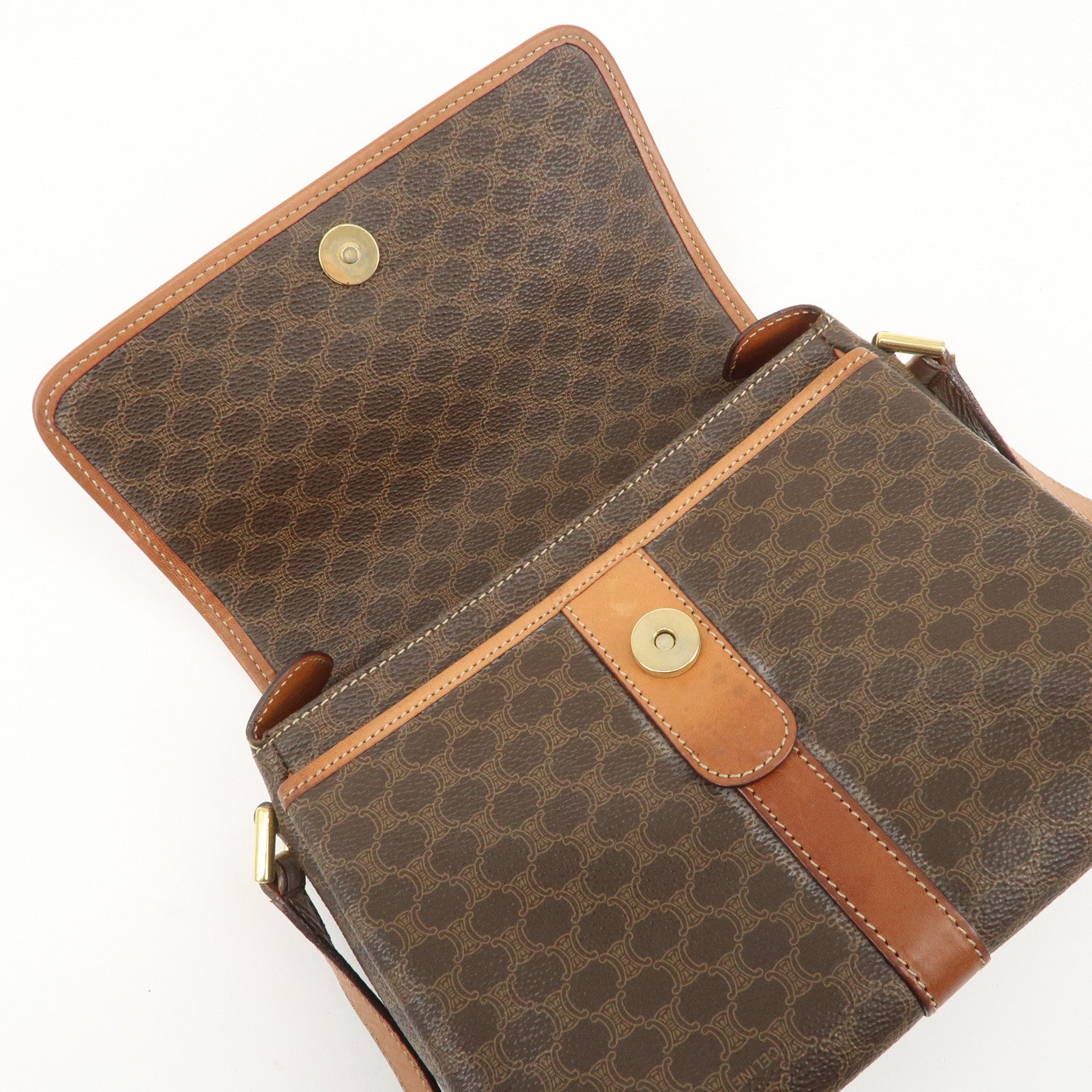 CELINE Macadam PVC Leather Shoulder Bag Brown Gold Hardware Used