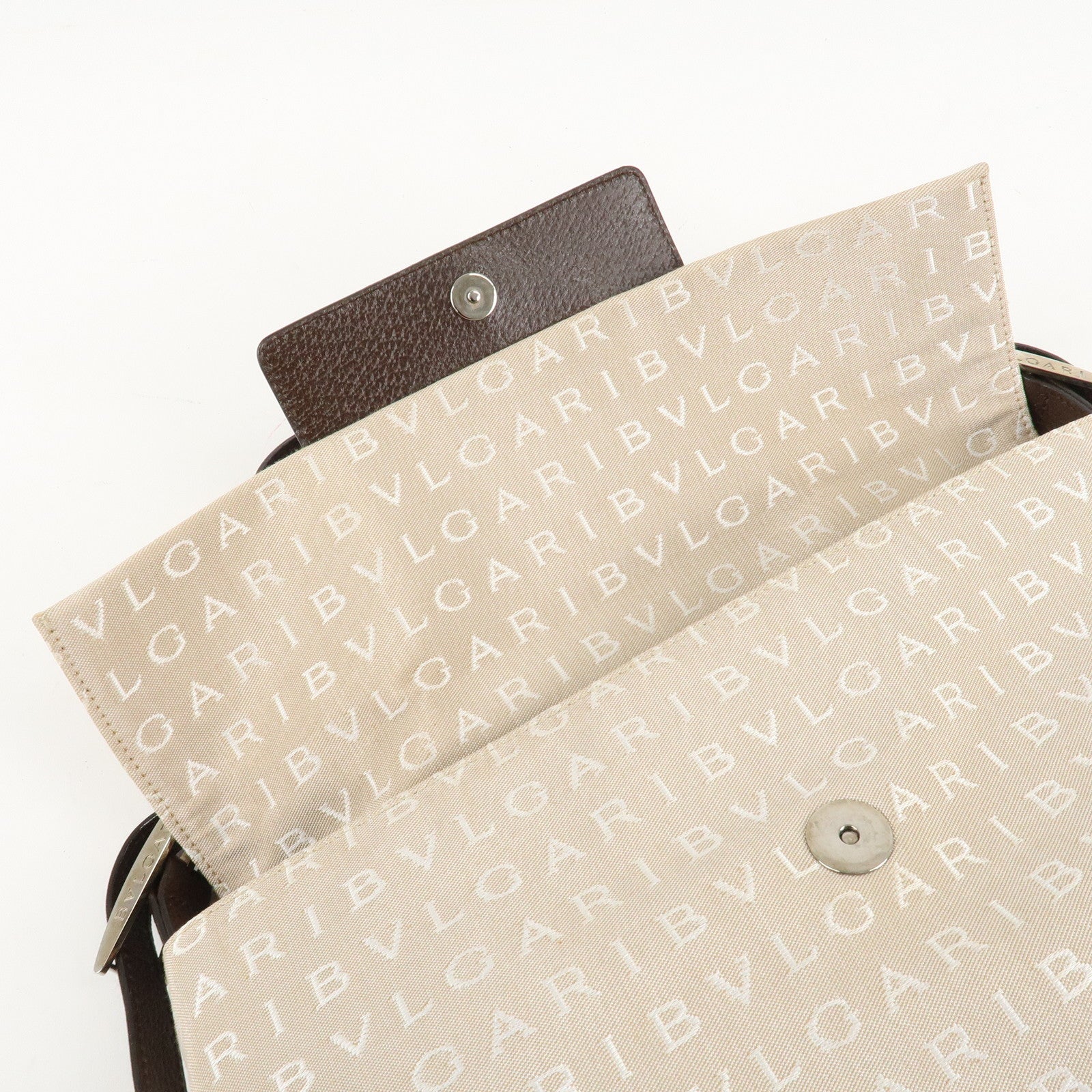 BVLGARI Logo Mania Canvas Leather Hand Bag Shoulder Bag Beige Used