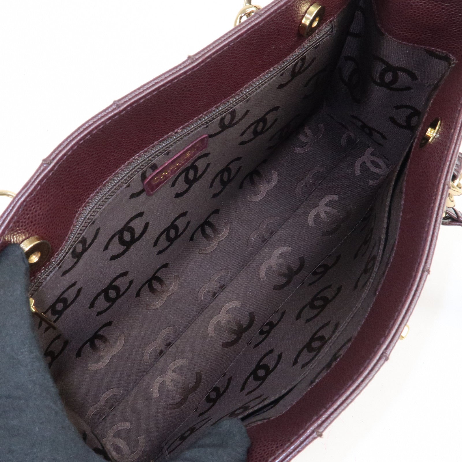 CHANEL Chocolate Bar Caviar Skin Chain Shoulder Bag Wine Gold Used