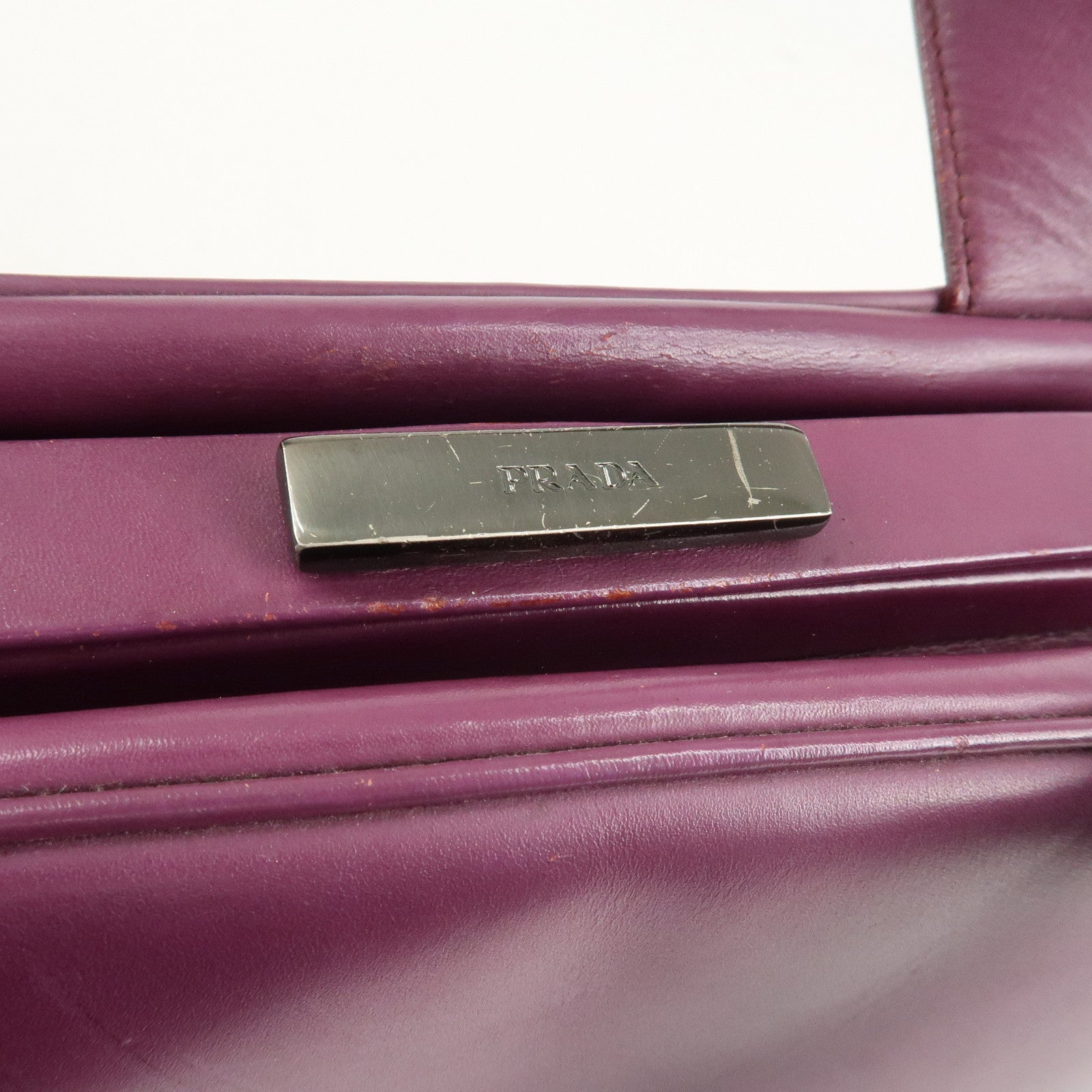 PRADA Leather Tote Bag Hand Bag Purple Antique Black HDW Used