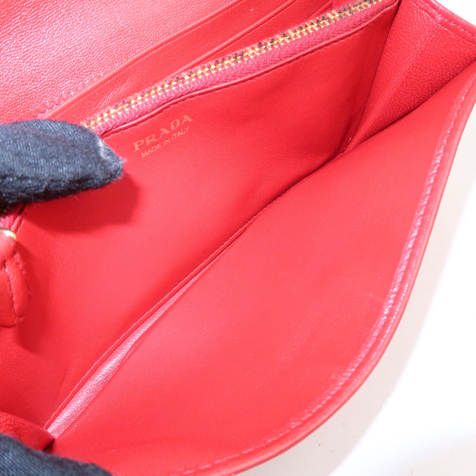 PRADA Logo Leather Bi-Fold Long Wallet Red Gold Hardware Used