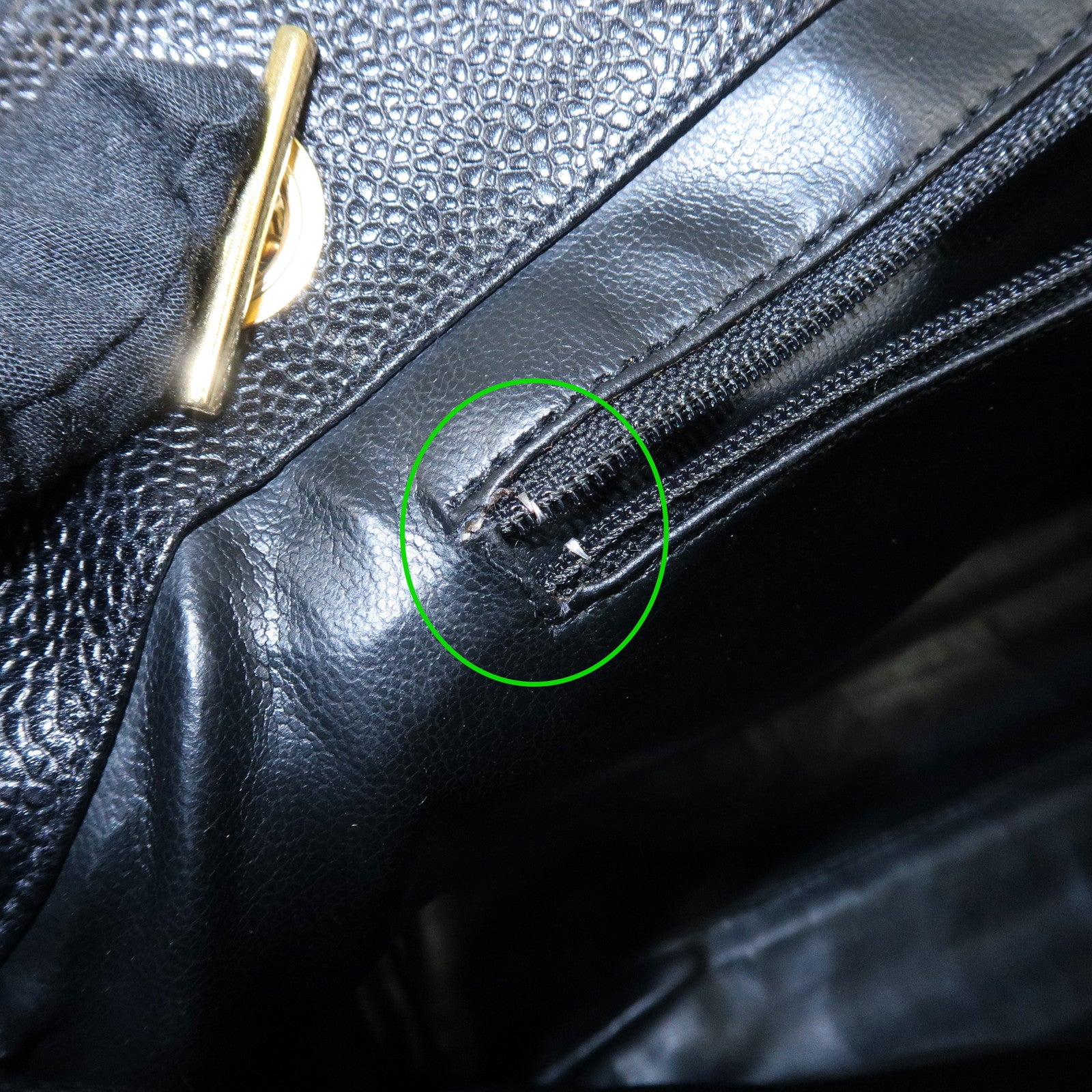 CHANEL COCO Mark Caviar Skin Chain Tote Bag Black Gold Used