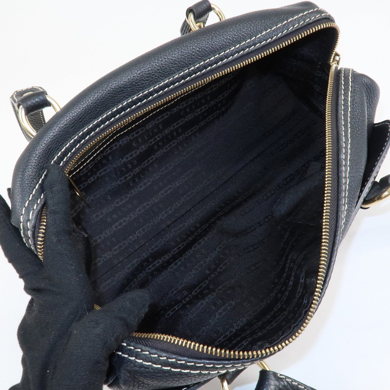 CELINE Leather Macadam Engraved Boston Bag Shoulder Bag Black Used