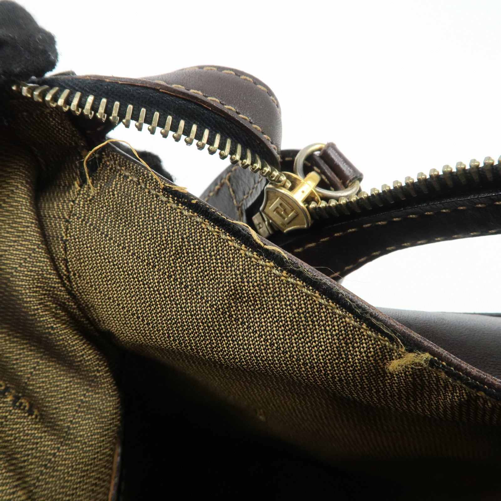 FENDI Zucca Canvas Leather Hand Bag Brown Black Used