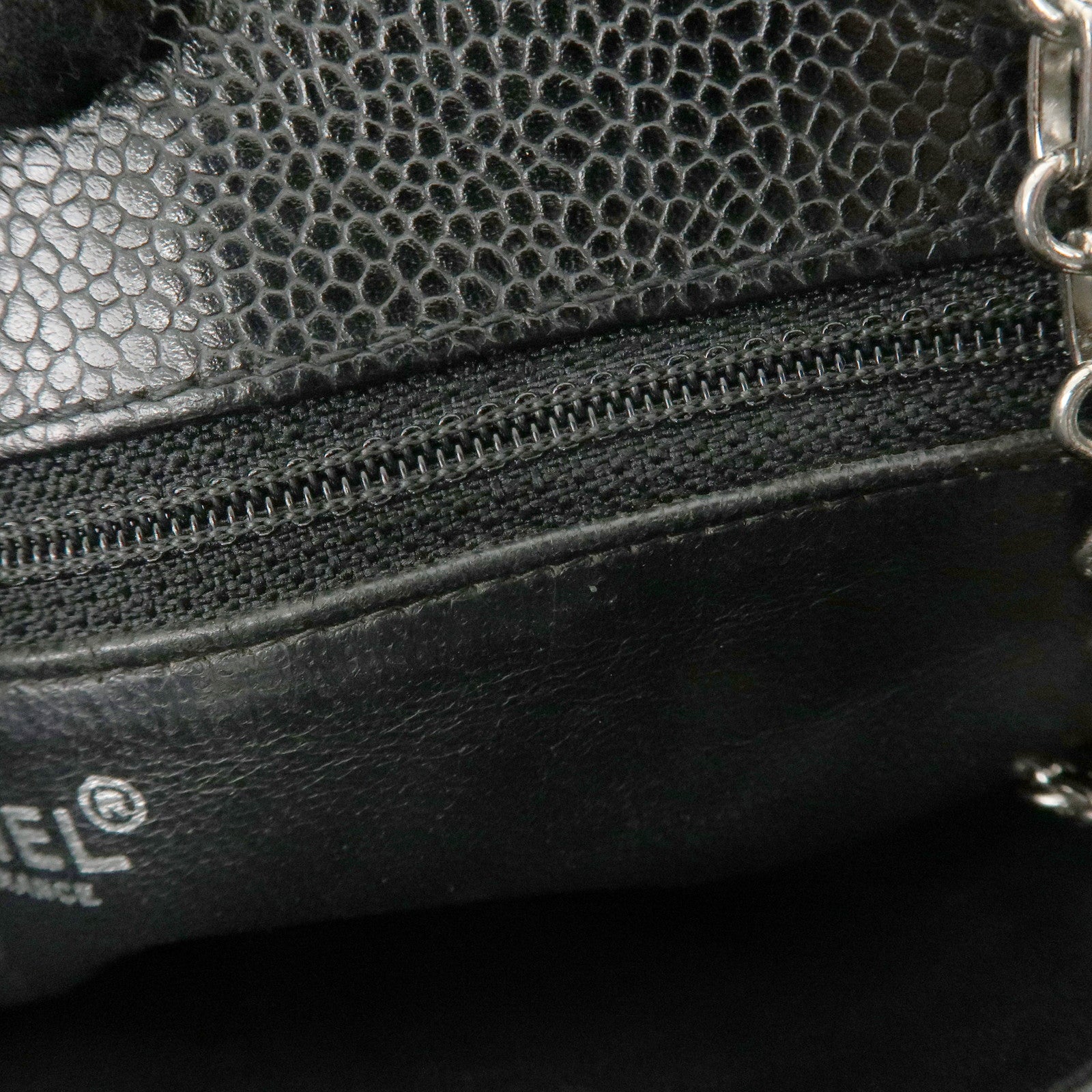 CHANEL Caviar Skin Chain Tote Bag Shoulder Black Silver HDW Used