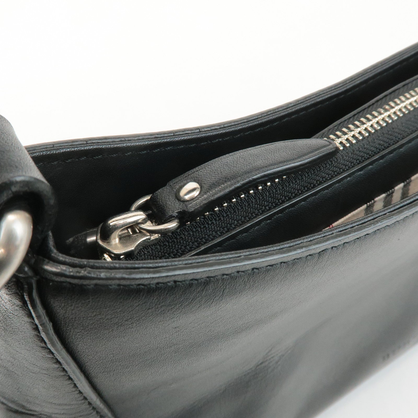 BURBERRY Leather Shoulder Bag Hand Bag Black Silver Hardware Used