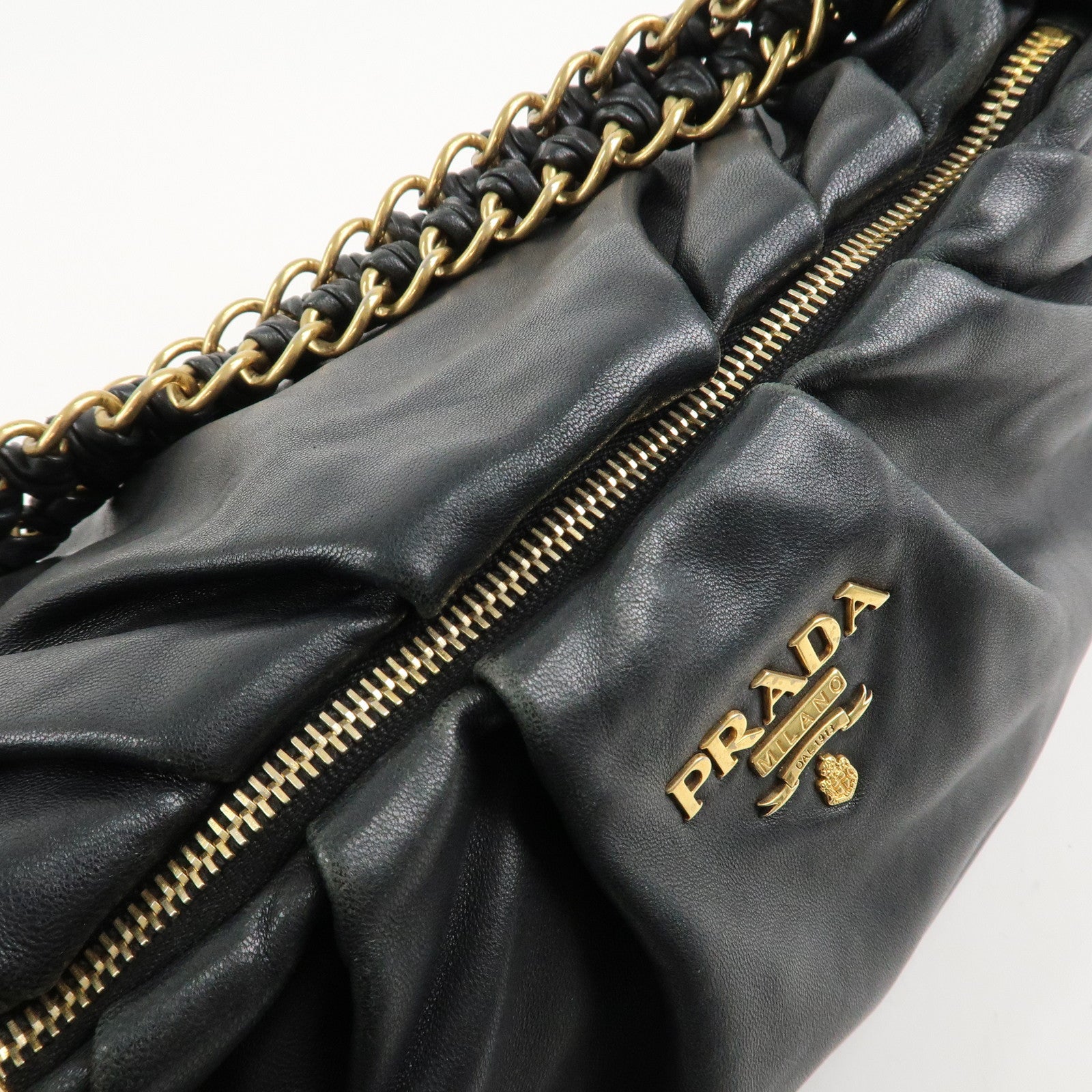 PRADA Leather 2Way Hand Bag Shoulder Bag Black BN2324 Used
