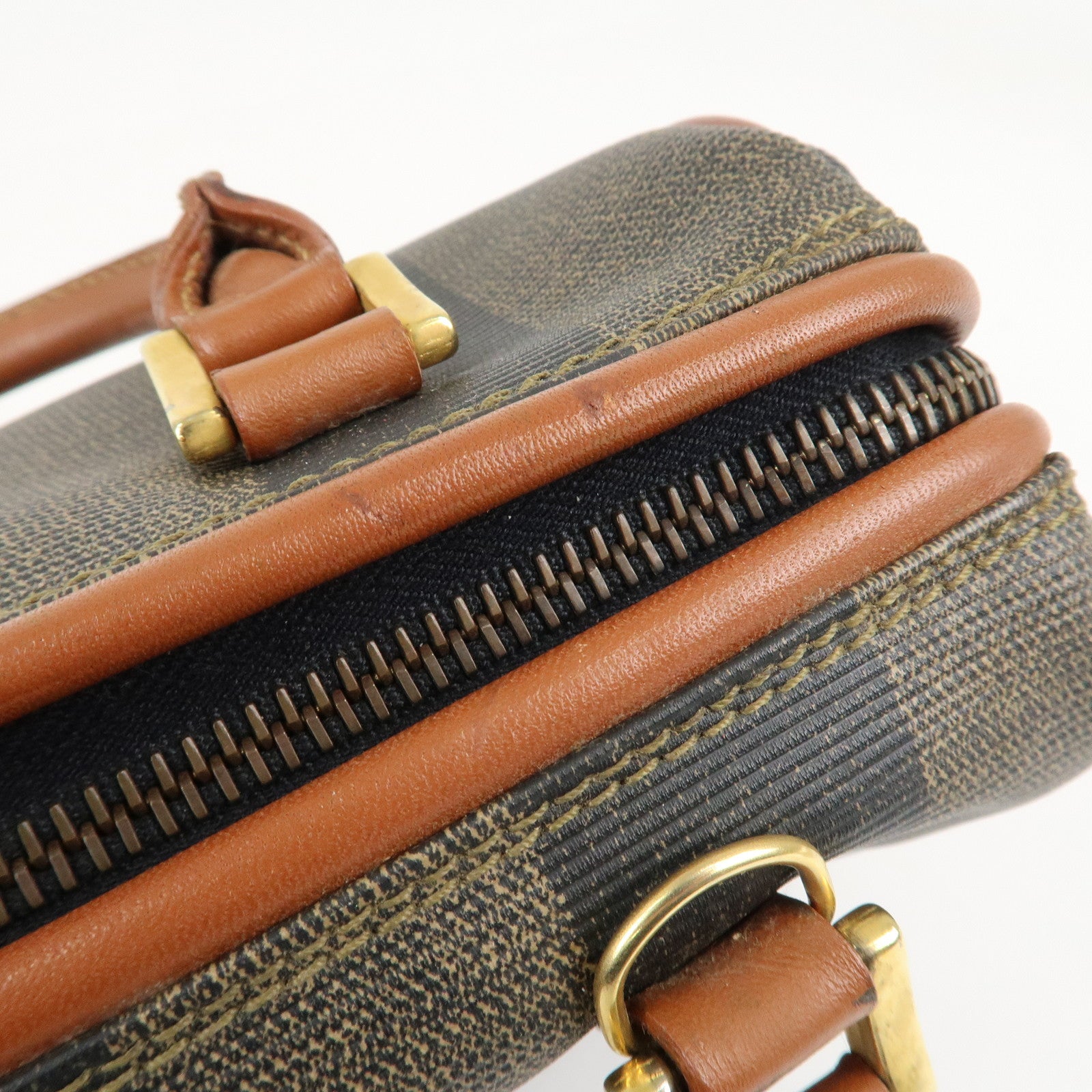 FENDI Pequin PVC Leather Mini Boston Bag Khaki Brown Black Used