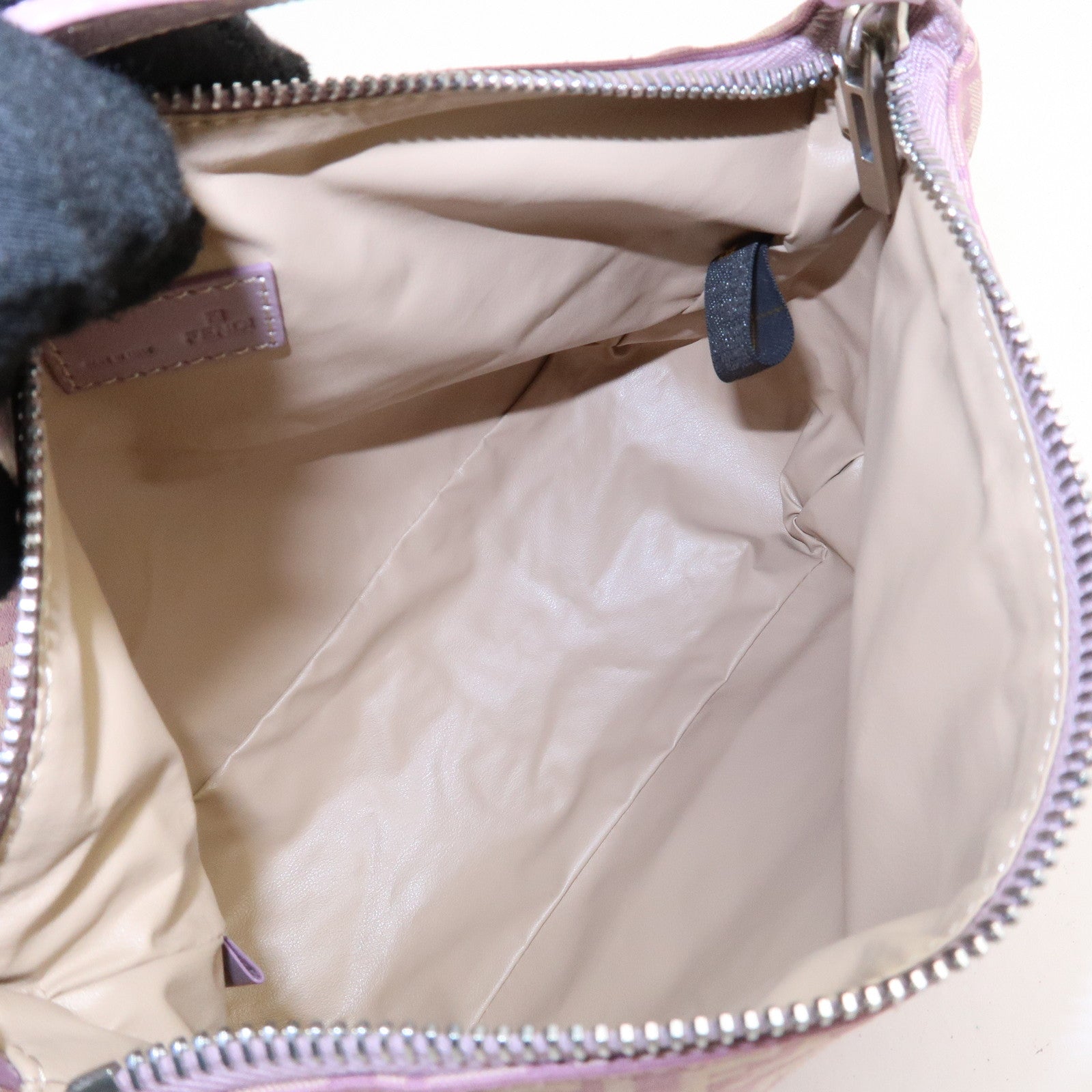 Auth FENDI Zucchino Canvas Leather Hand Bag Pouch Purple Beige 8N0005 Used F/S Used