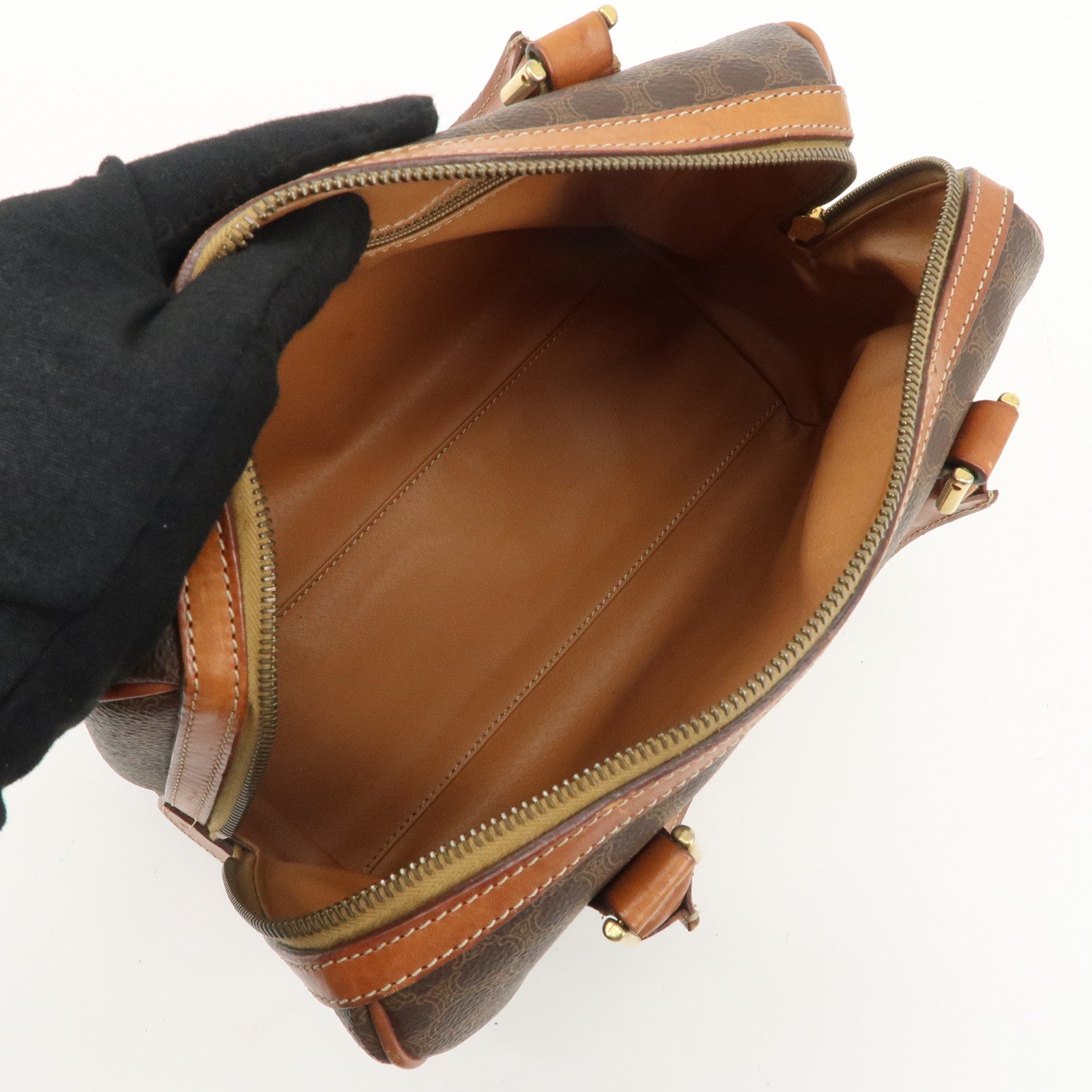 CELINE Macadam PVC Leather Boston Bag Hand Bag Brown Used