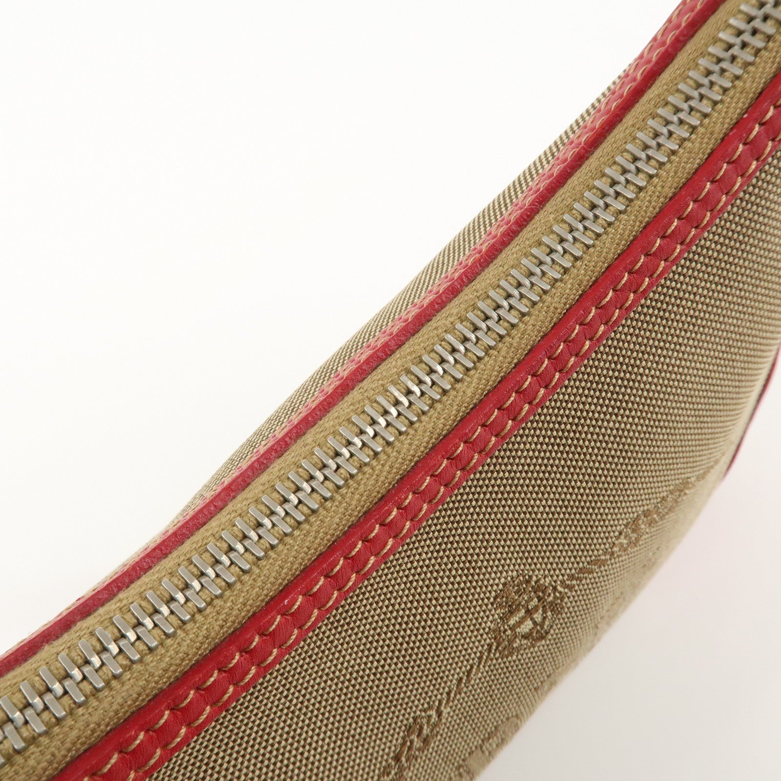 PRADA Logo Jacquard Leather Shoulder Bag Beige Red Used