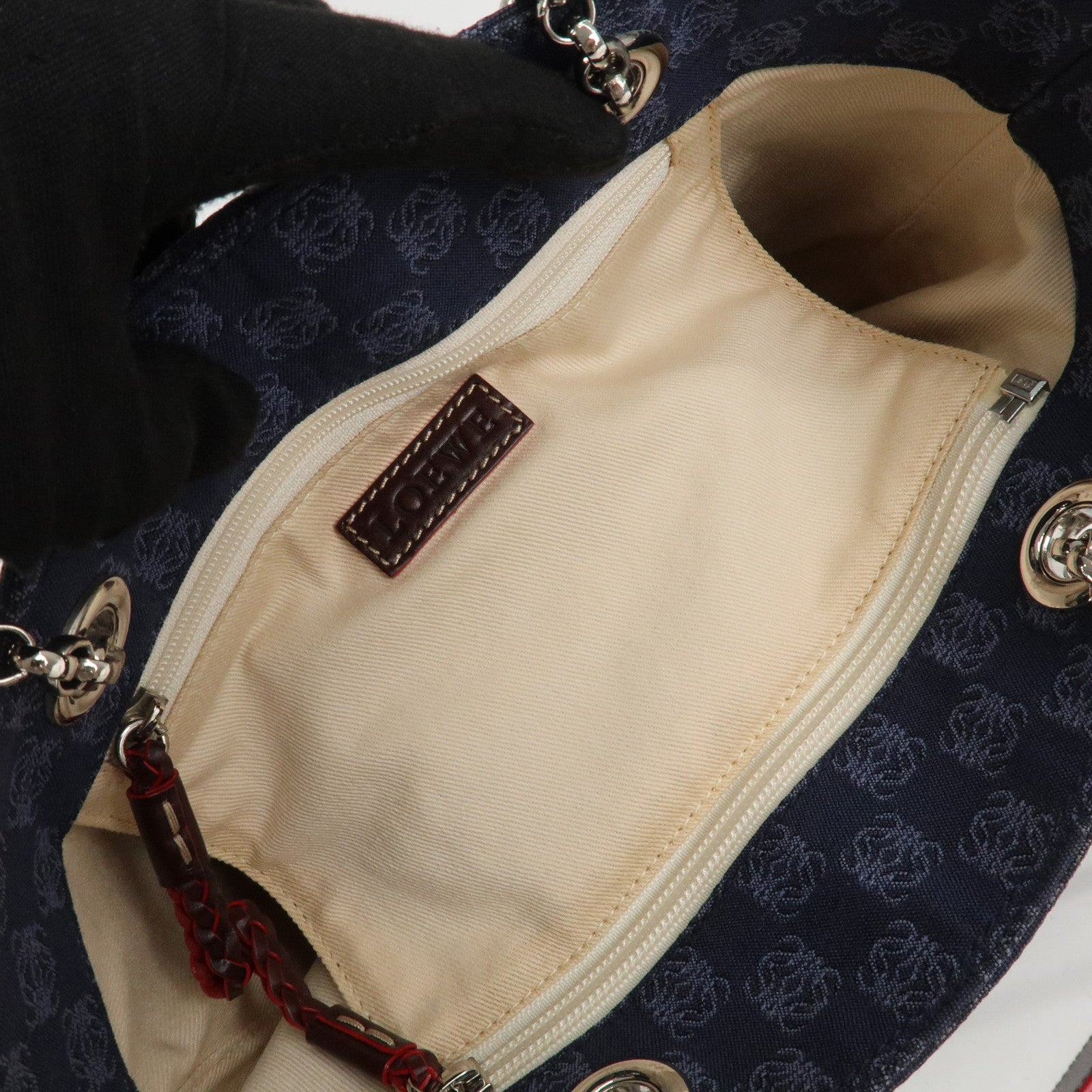 LOEWE Anagram Canvas Leather Chain Tote Bag Shoulder Bag Blue Used